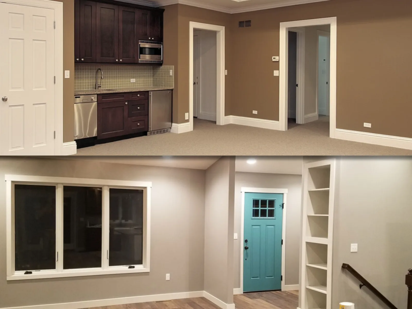 a kitchen with white cabinets