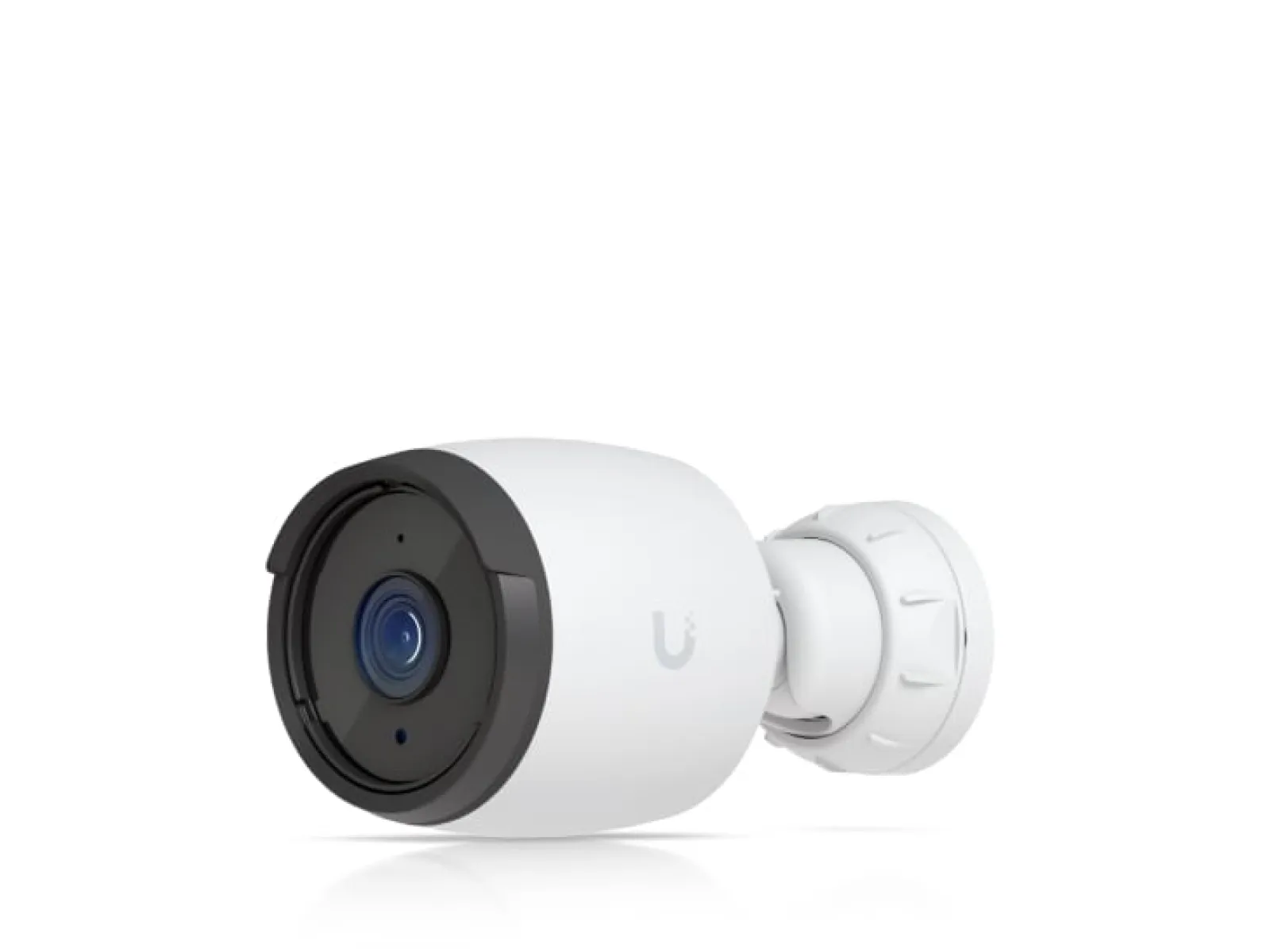 White bullet security camera with black lens and wall mount on a white background
