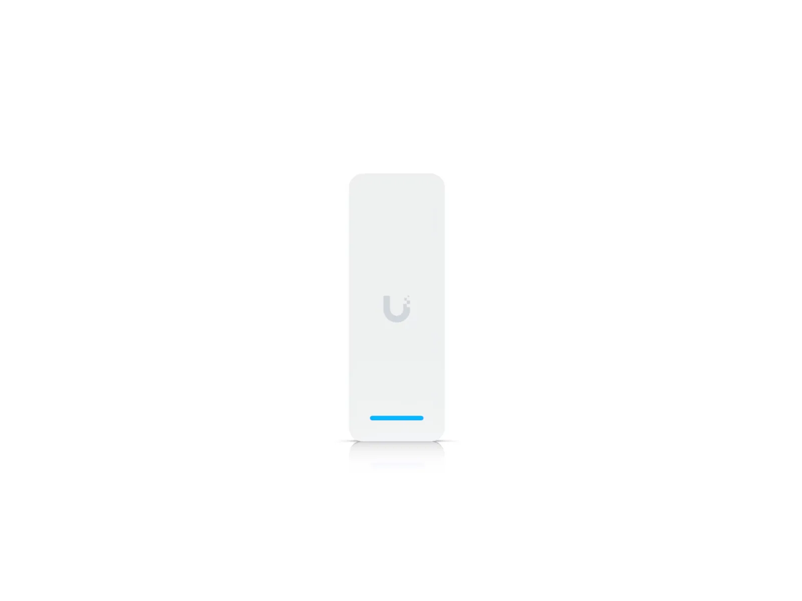 White rectangular wireless access point with blue indicator light on white background