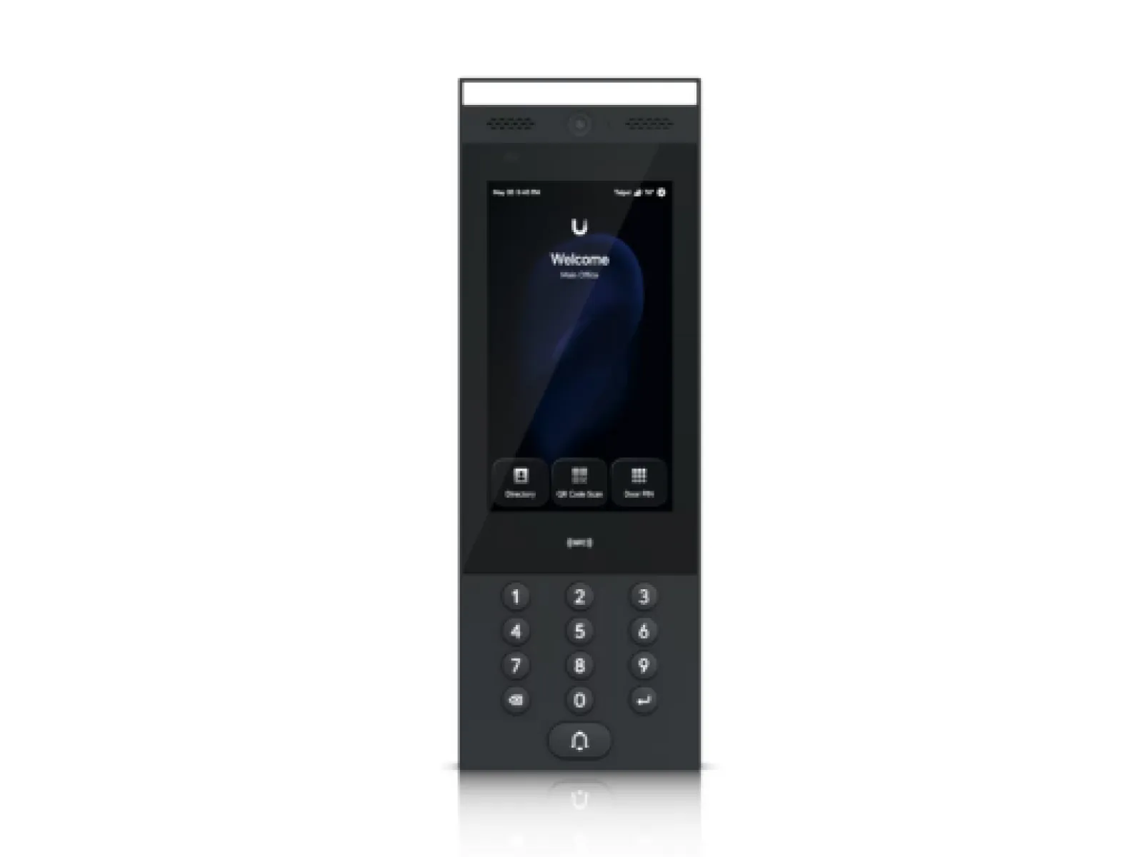 Modern black intercom device with touchscreen, numeric keypad, camera, and welcome screen interface.