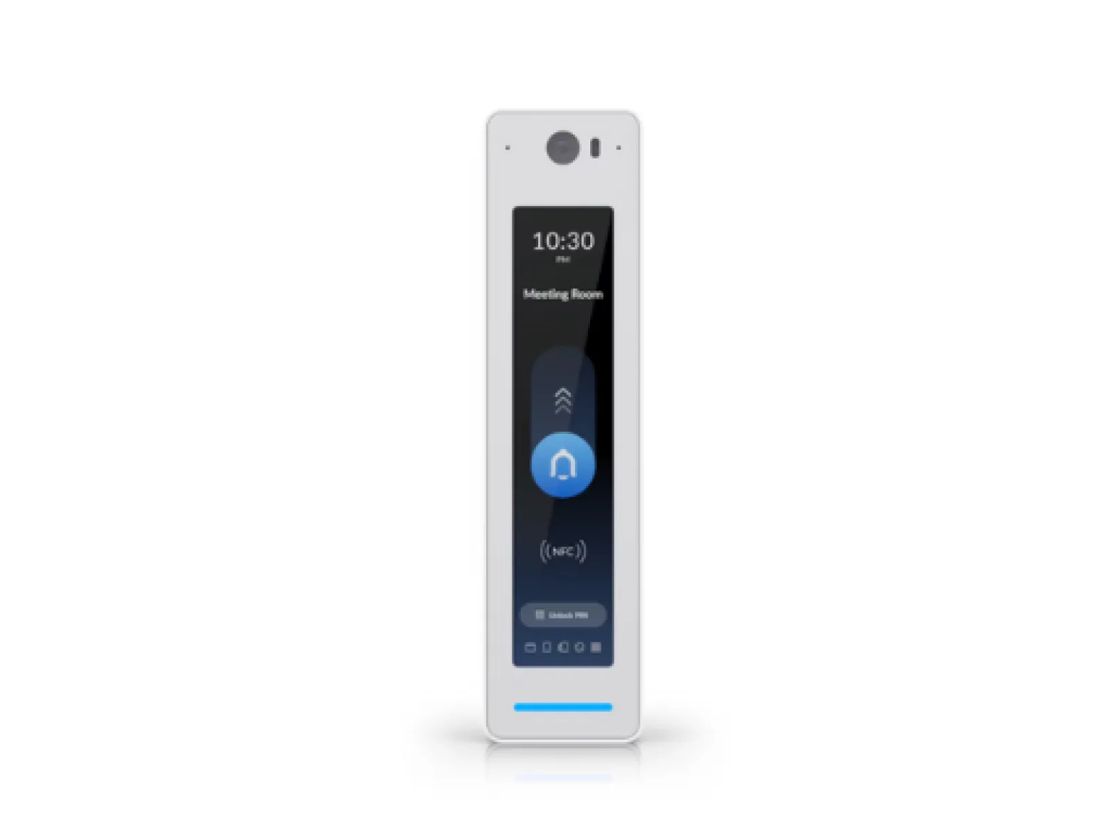 Modern smart door lock with digital touchscreen, camera, and NFC access for meeting room security at 10:30 PM