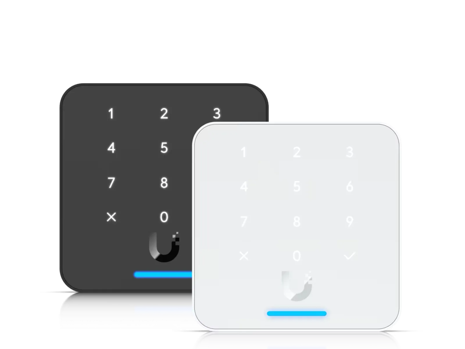 Black and white smart keypad devices with numeric buttons and blue status lights placed side by side