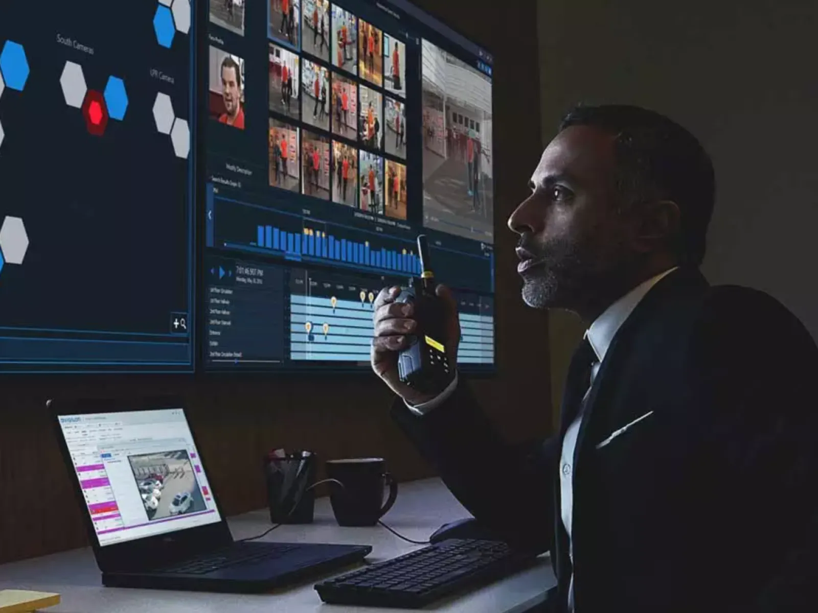 a man sitting at a desk with a computer and a monitor