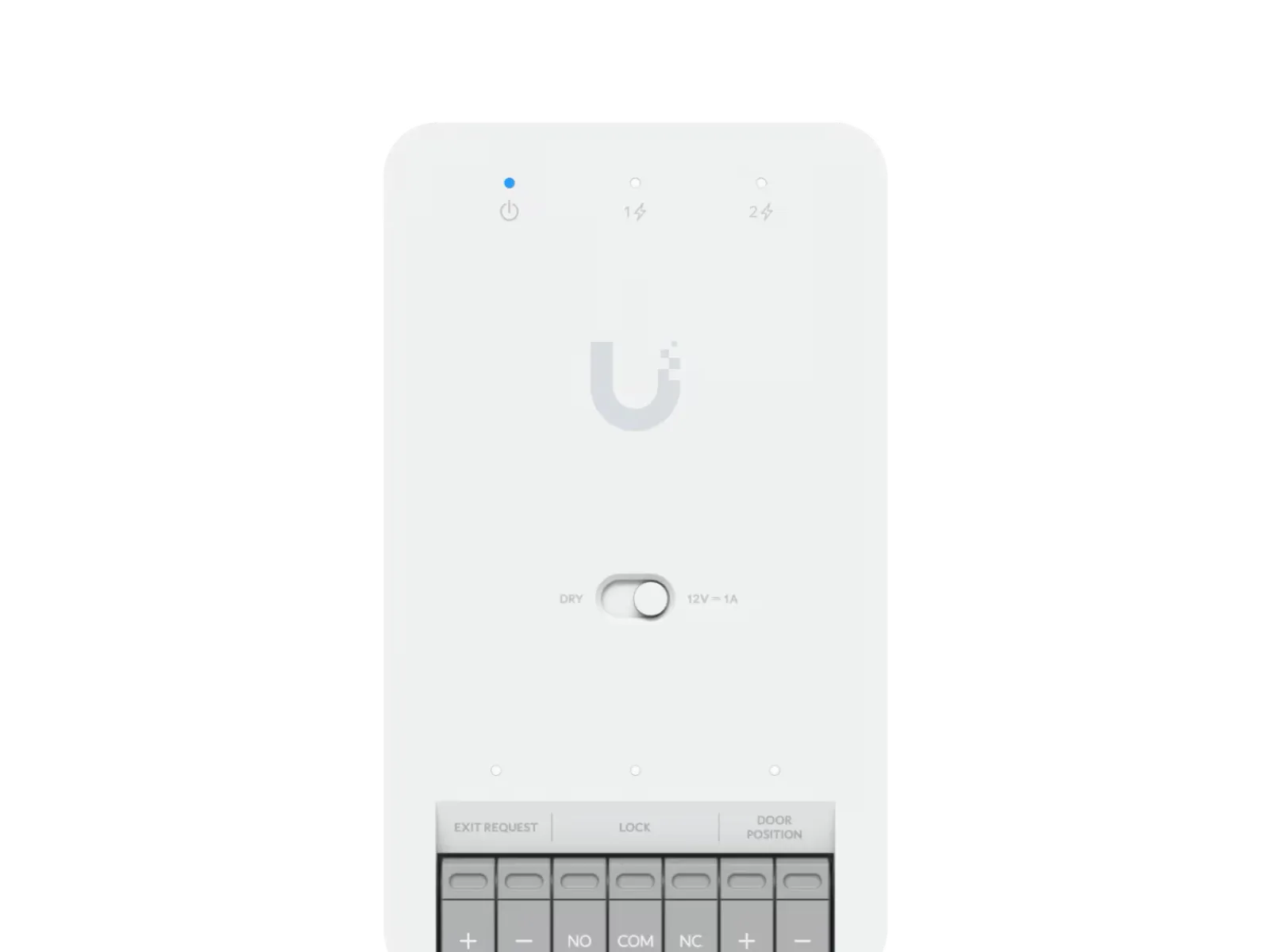 White electronic access control device with indicator lights, switch, and multiple labeled terminal connections
