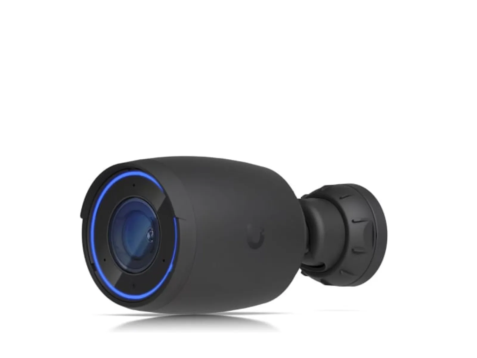 Modern black security camera with blue accents and lens detail, ideal for surveillance.