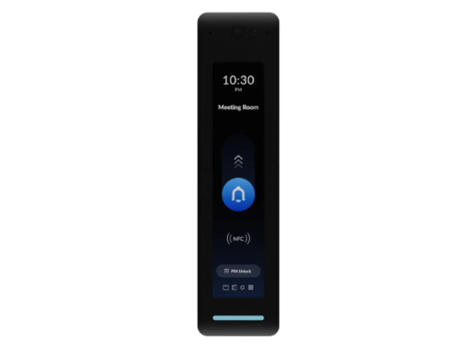 Smart digital door lock panel showing meeting room access with time and PIN unlock option