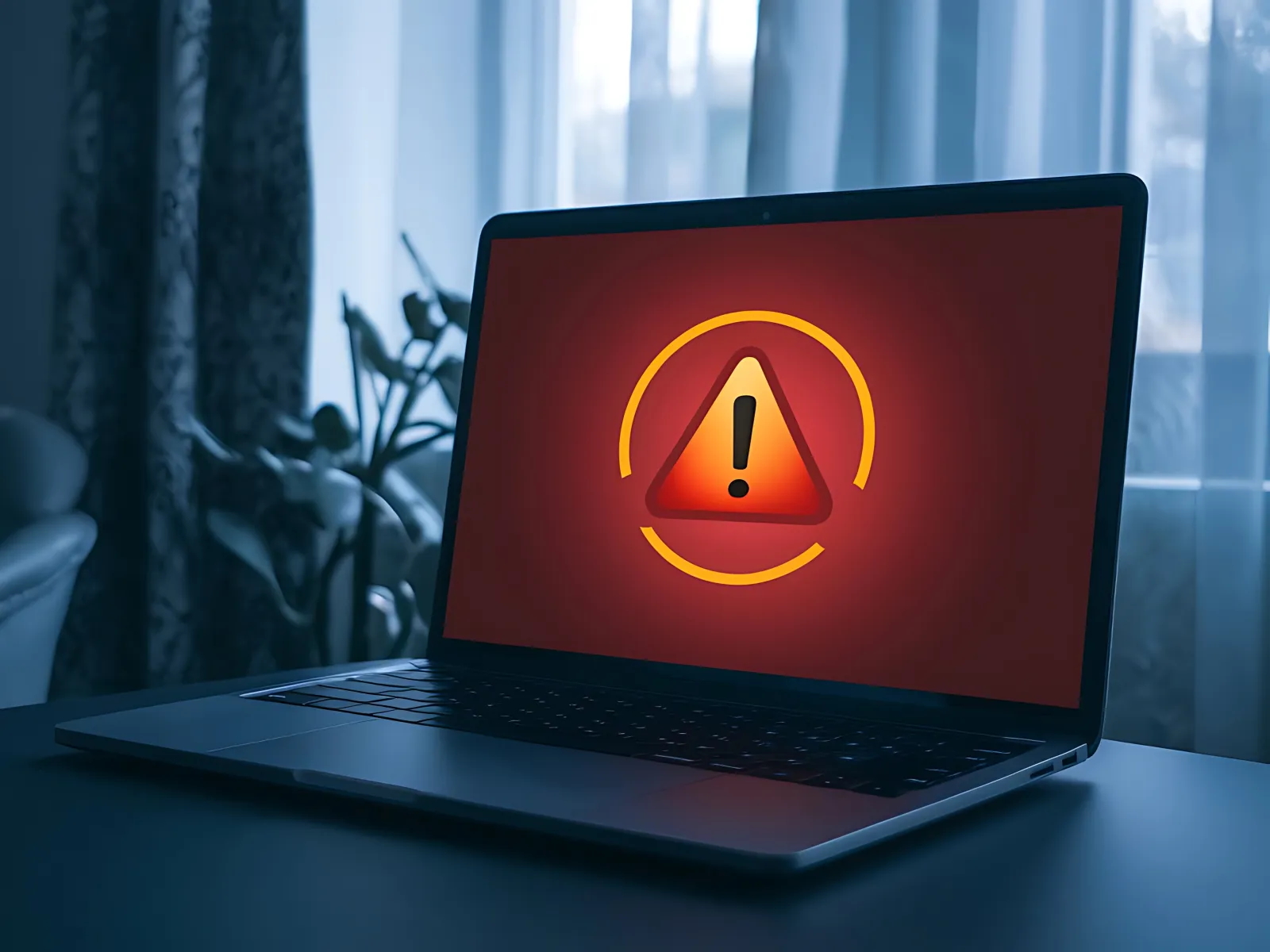 Laptop displaying a warning alert symbol against a red background.