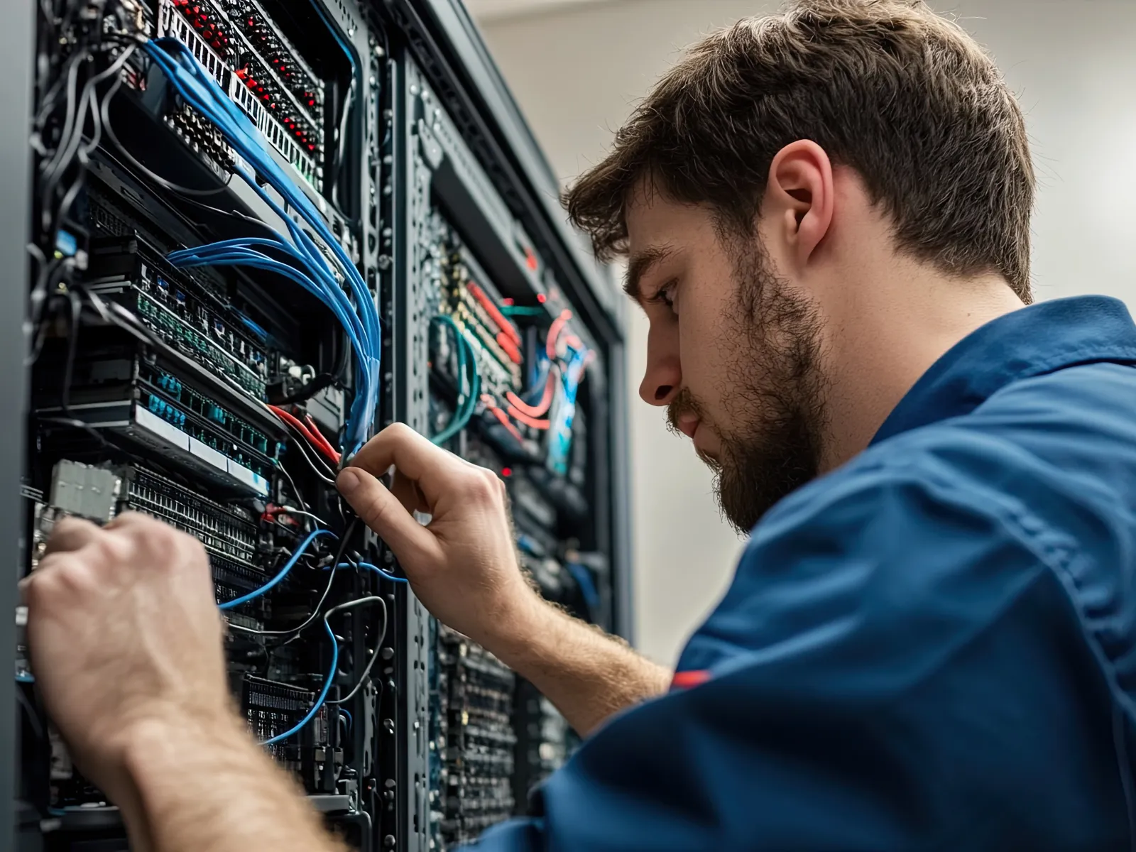 Technician fixing network cables in a server room with racks of connected hardware and routers.