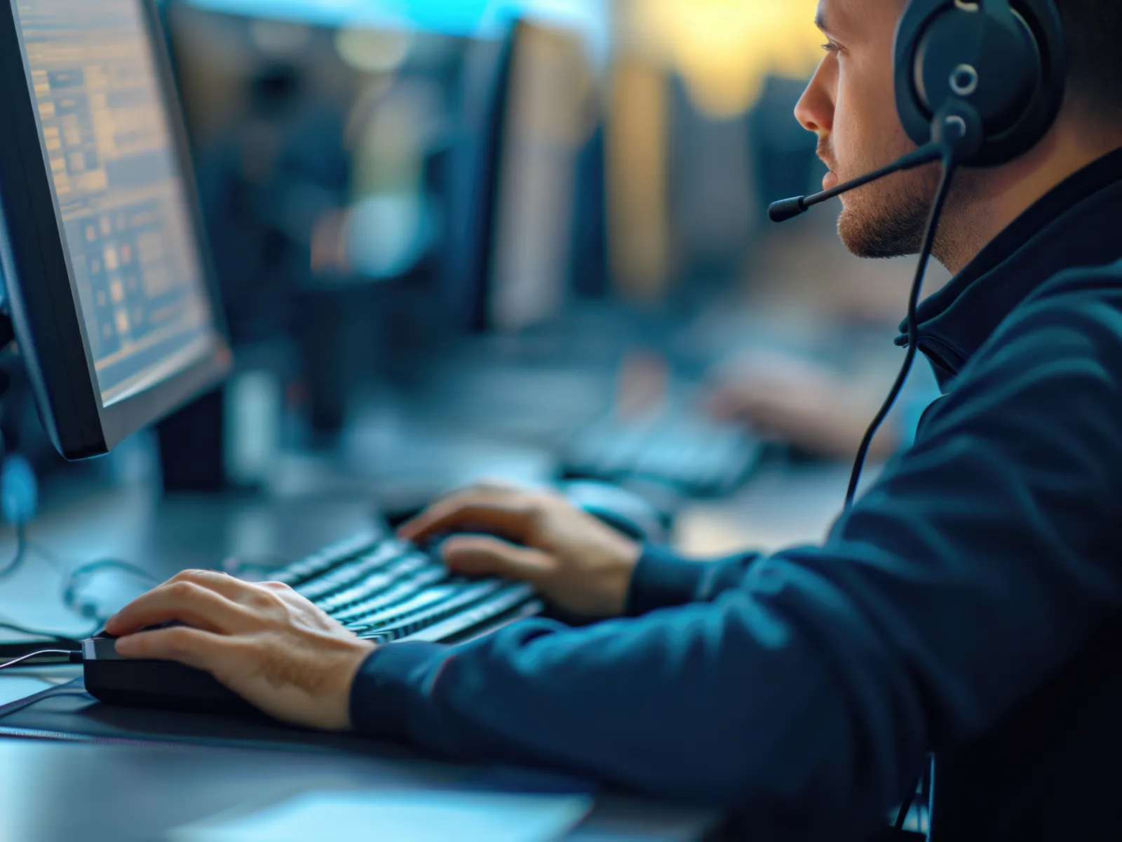 Man wearing headset working on computer with multiple monitors in a modern office setting.