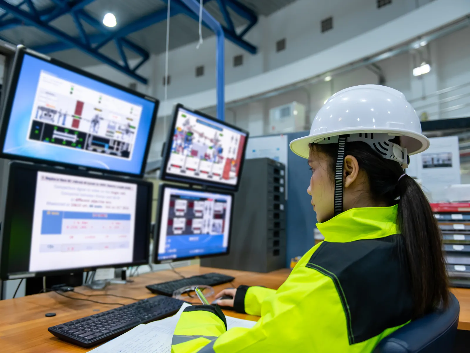 Female engineer in a hard hat and safety jacket monitoring data on multiple computer screens in an industrial control room.