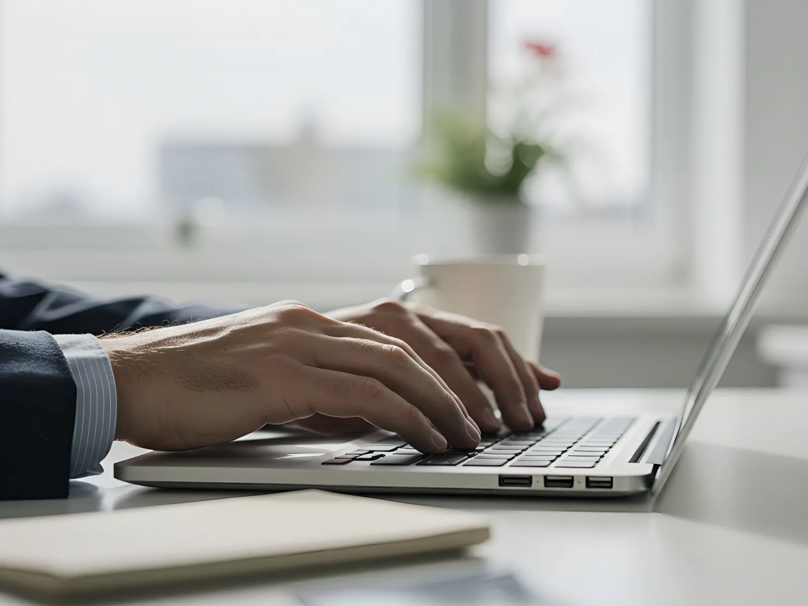 Close-up of businessperson typing on laptop keyboard at a bright office desk with notebook and coffee mug