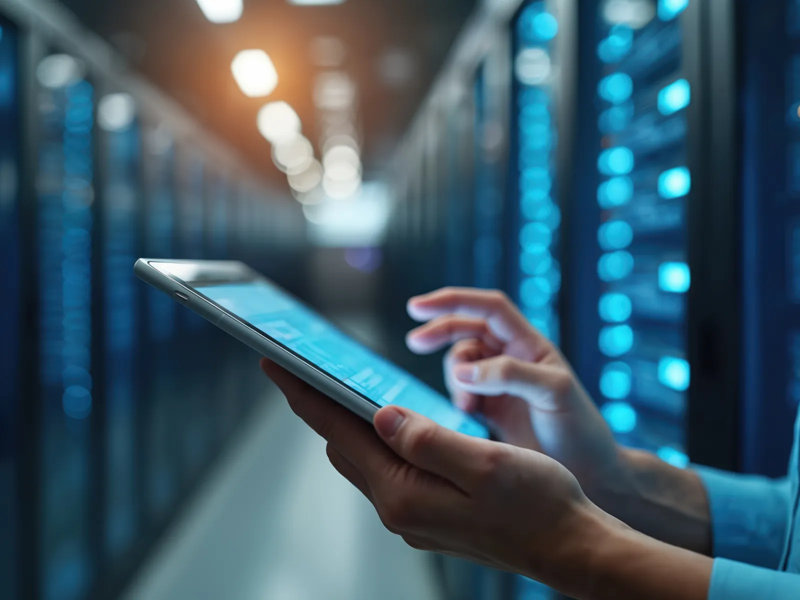 Person using a tablet to monitor data in a modern server room with glowing blue server racks