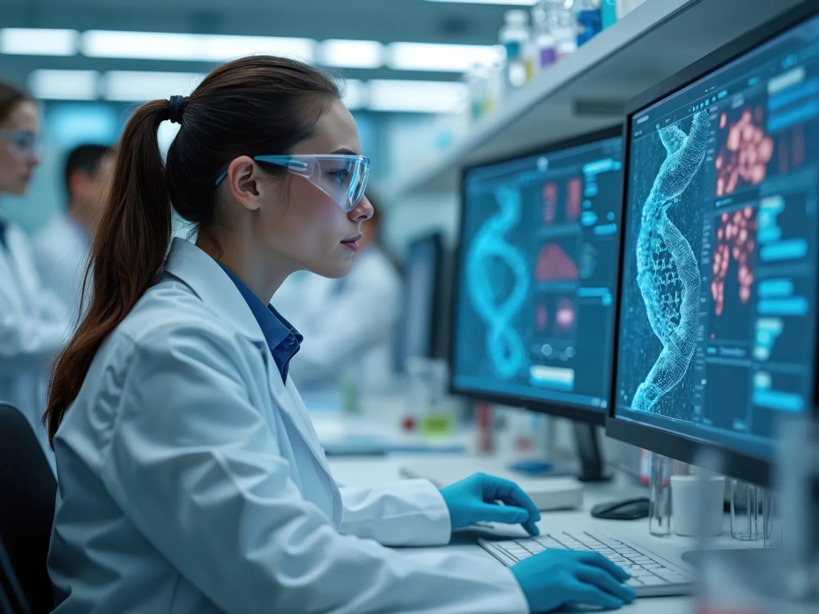 Female scientist analyzing 3D DNA models on computer screens in a modern research laboratory.