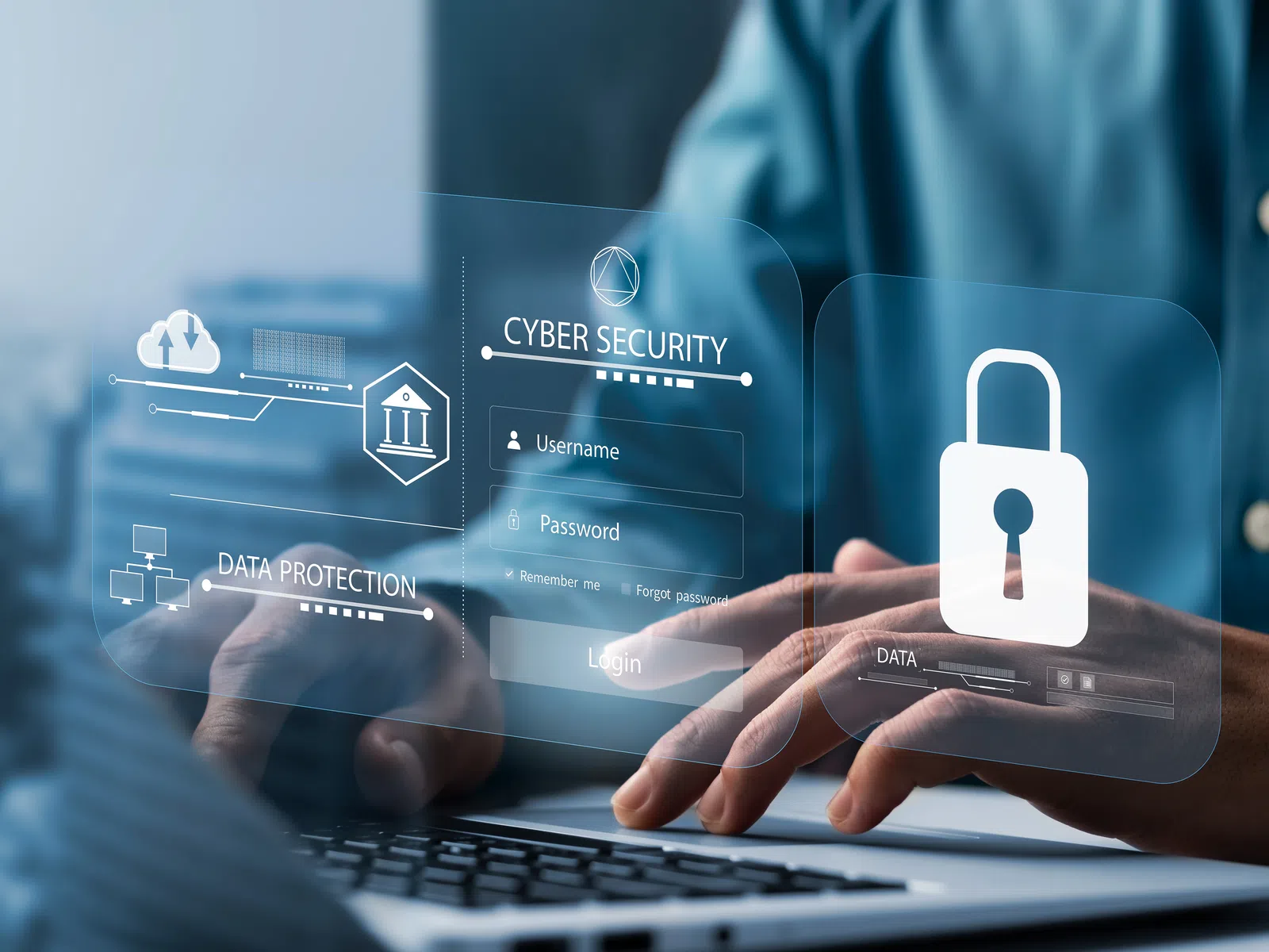 Person typing on laptop with digital cyber security and data protection icons displayed.