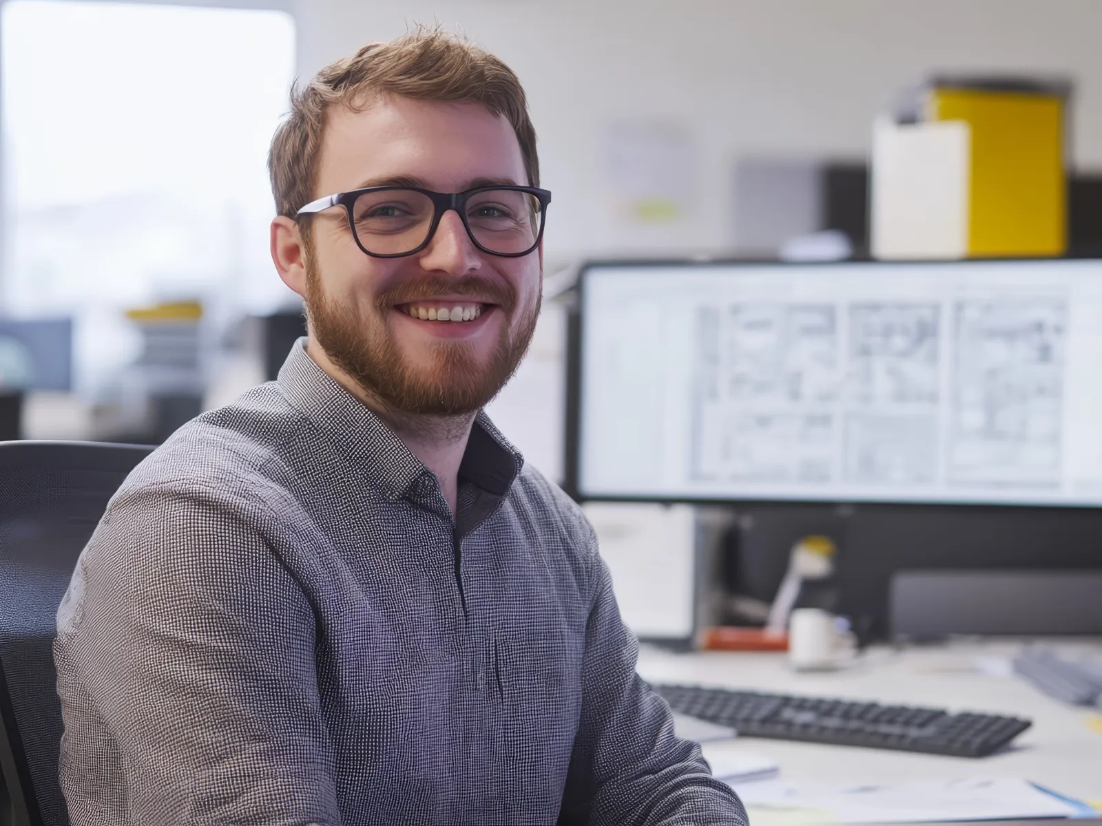 Smiling man with glasses sitting at desk in front of computer monitors displaying architectural plans in an office