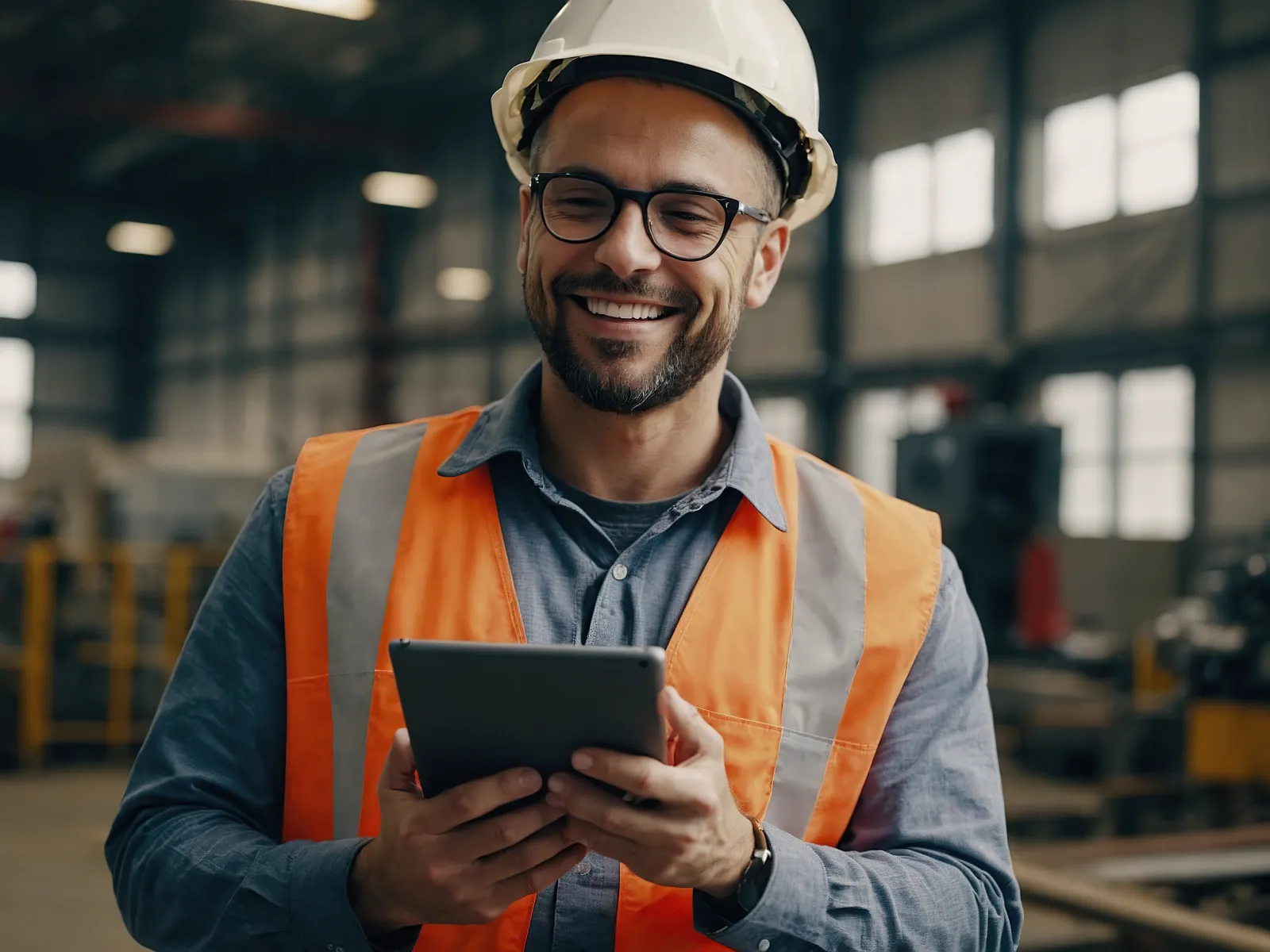 Smiling male engineer in hard hat and safety vest using tablet inside industrial factory setting