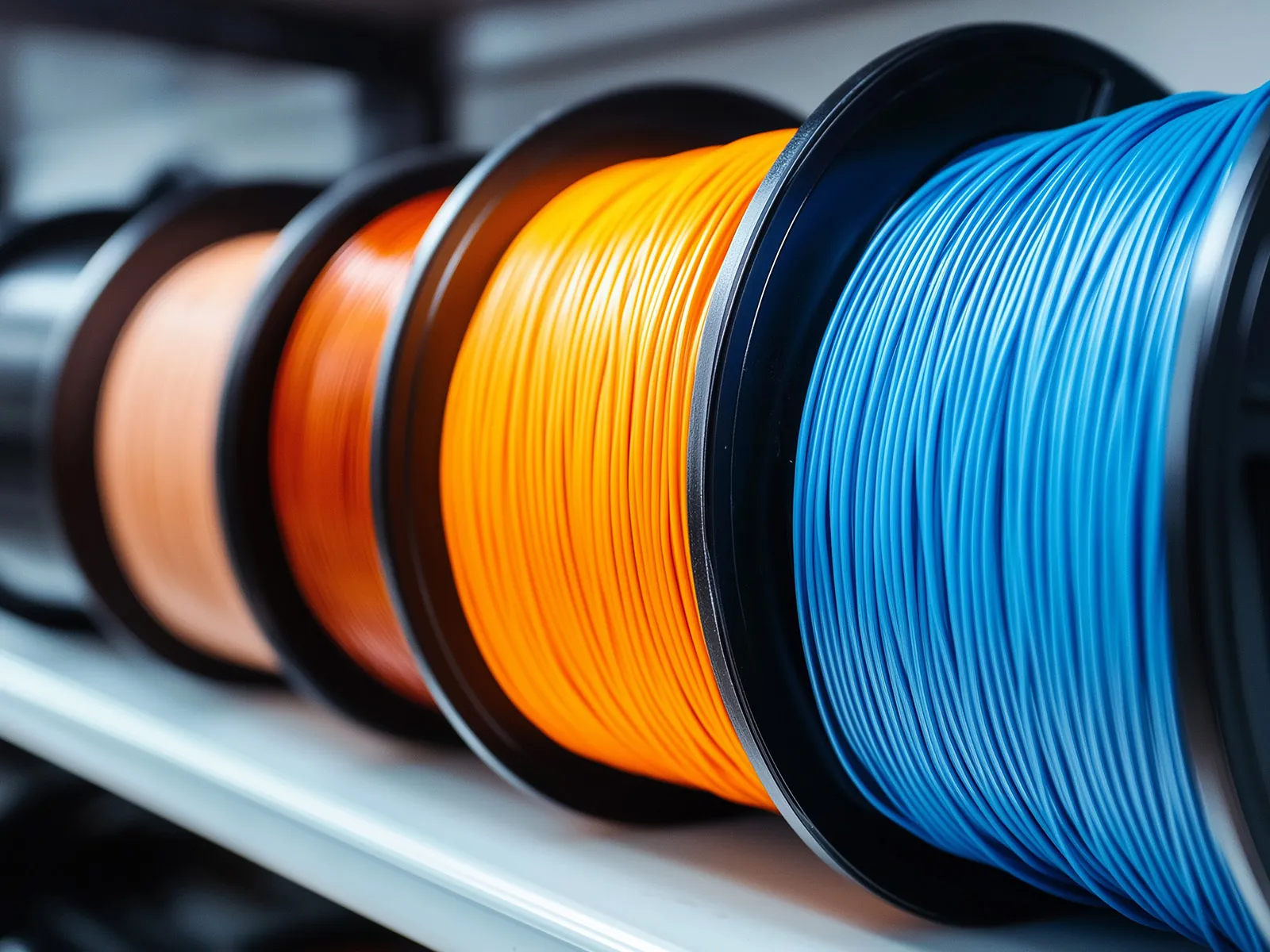 Close-up of blue and orange filament spools for 3D printing arranged on a shelf in a row.