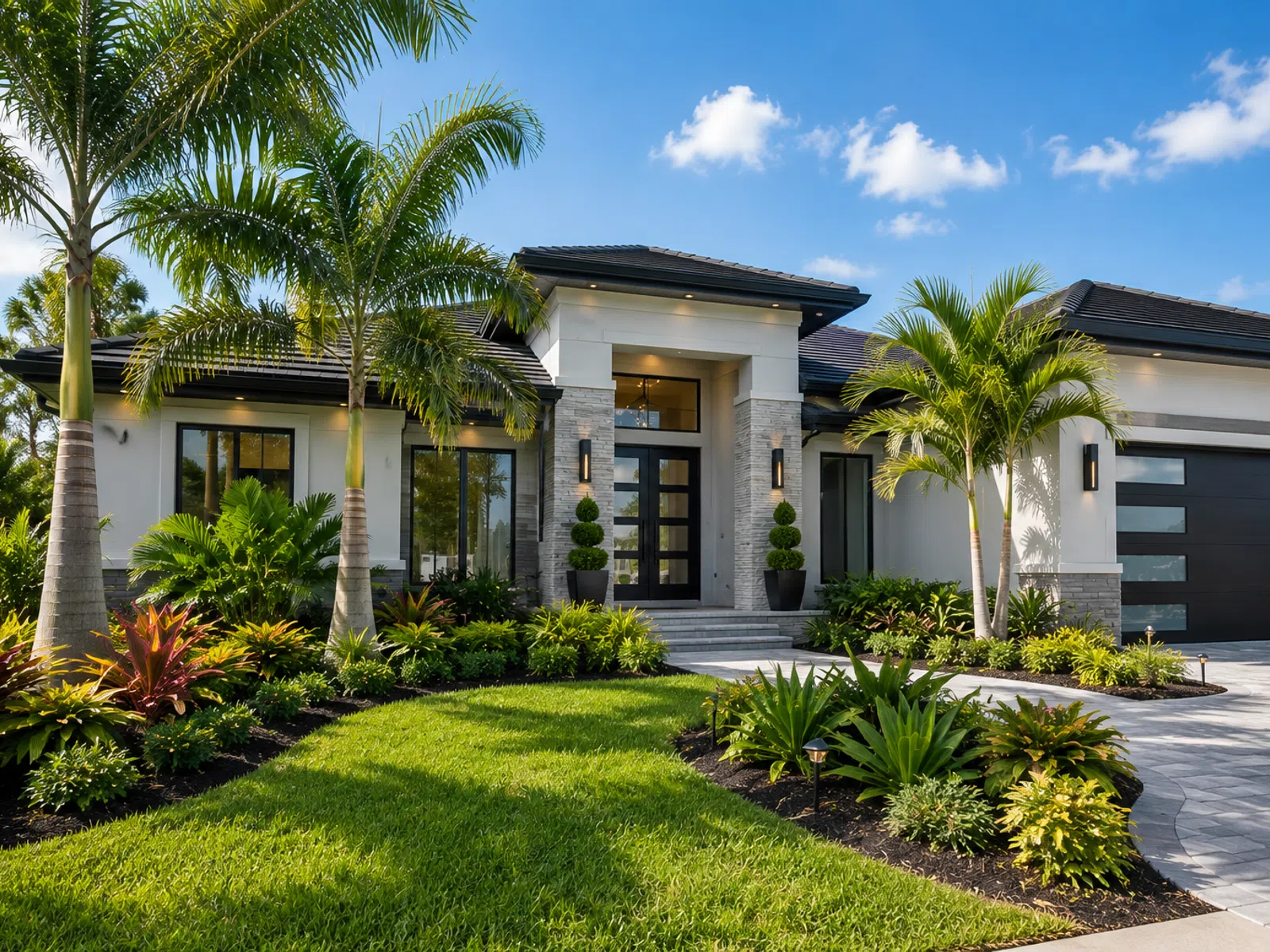Modern single-story home with lush tropical landscaping and palm trees under a bright blue sky.