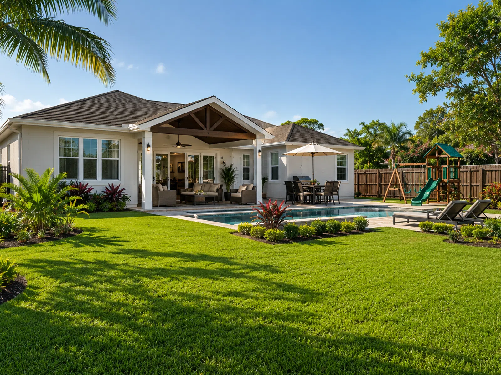 Modern backyard with green lawn, covered patio, seating area, pool, dining table, and playground under blue sky.