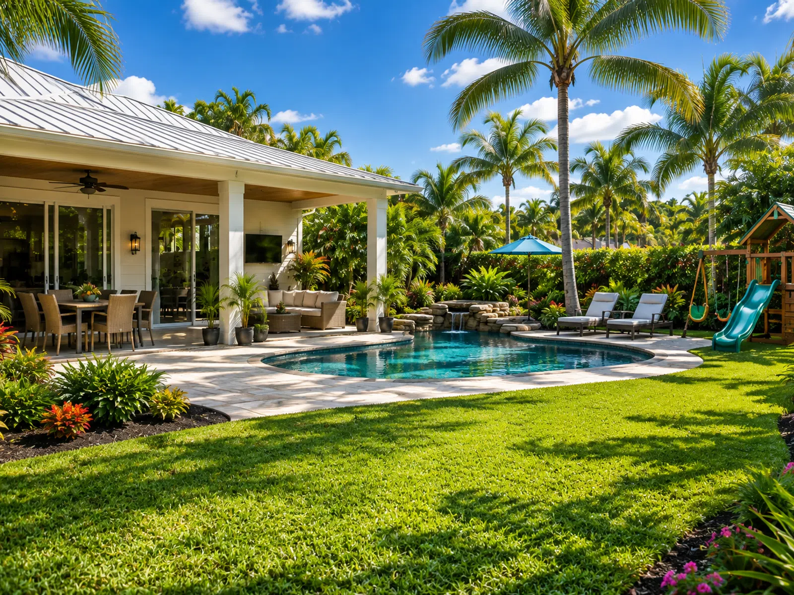 Backyard with tropical landscaping, swimming pool, covered patio, lounge chairs, and kids' playset under clear blue sky.