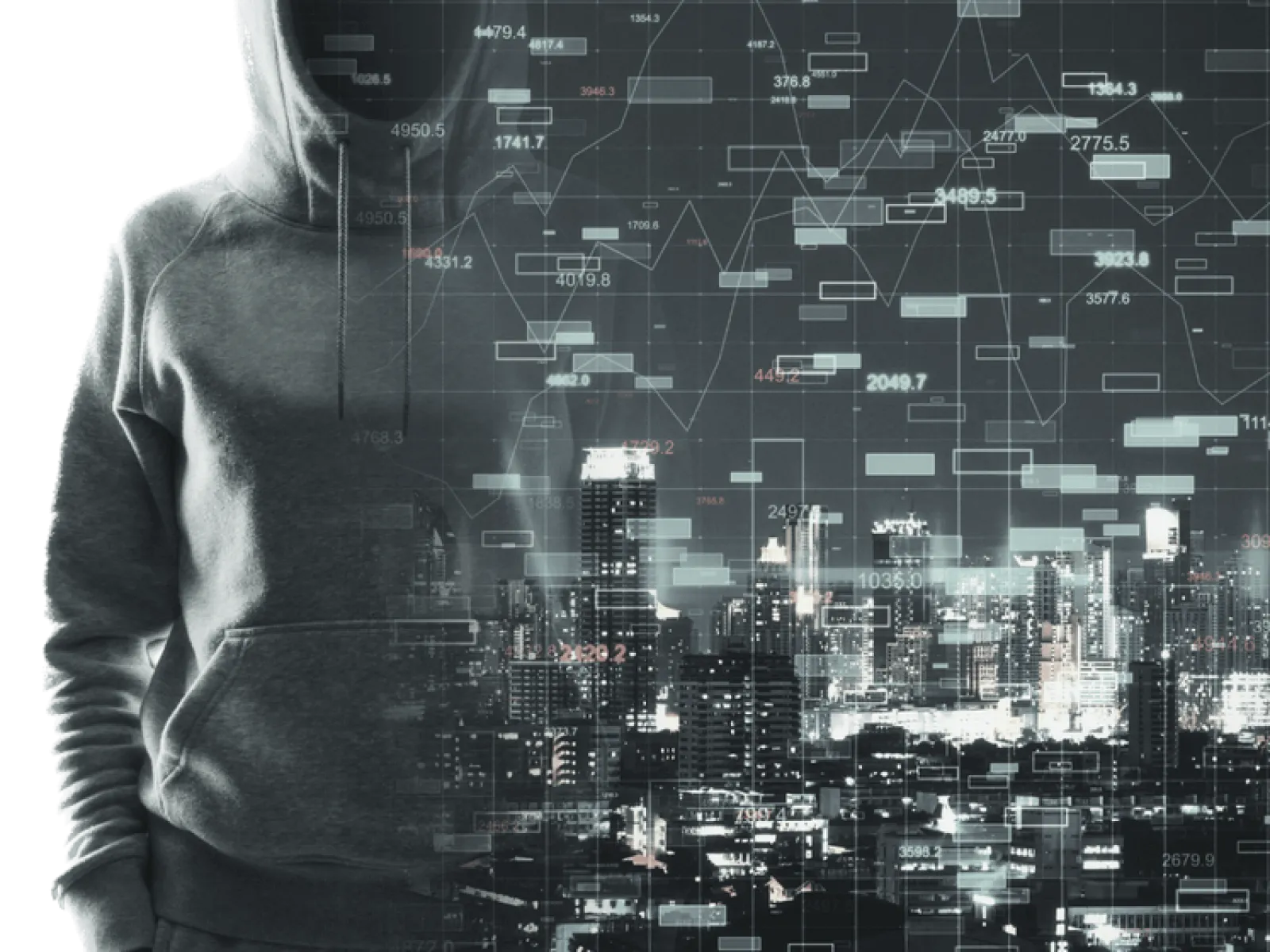 Hacker in a hoodie overlaid with digital data and a city skyline representing cybercrime and data security threats