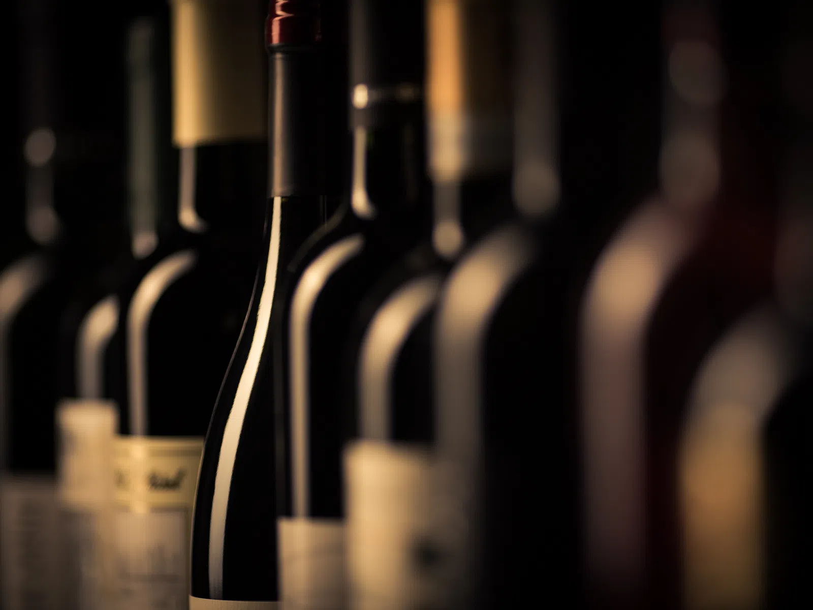 Close-up of wine bottles arranged in a row with selective focus and dim lighting highlighting glass reflections.