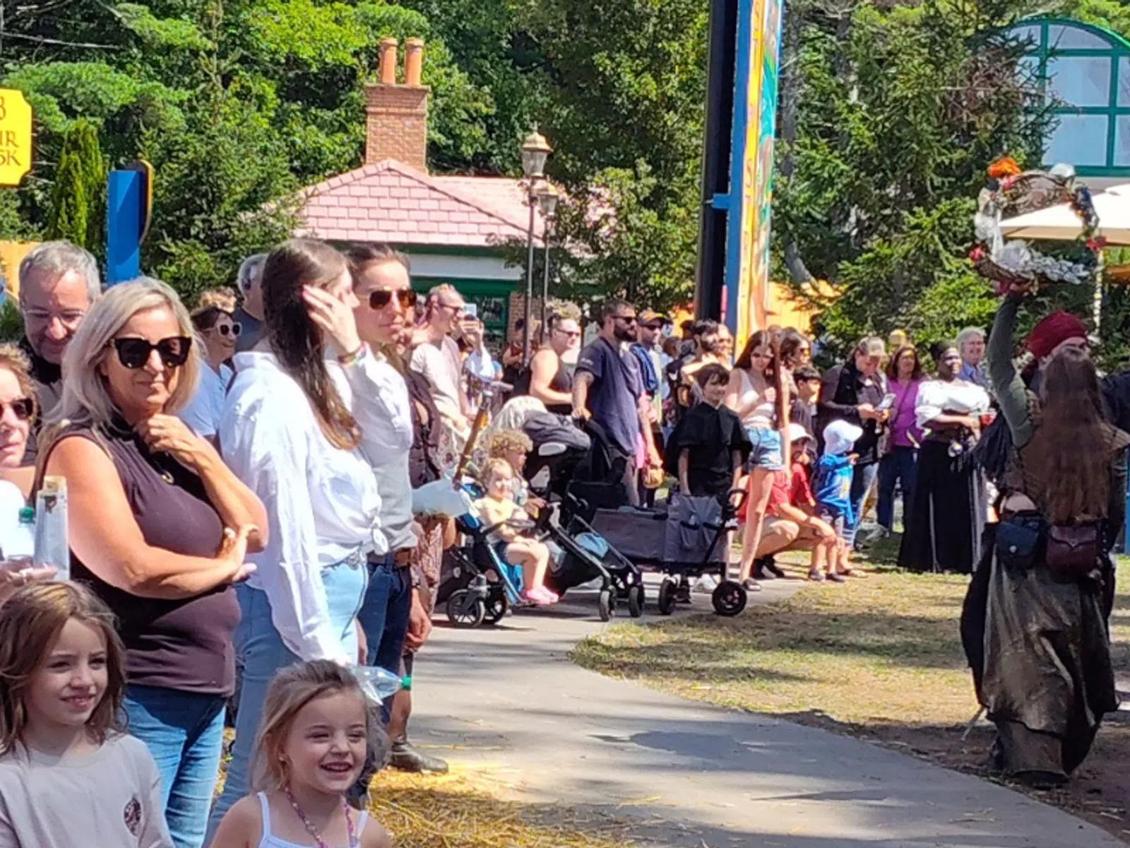 Crowd of families and children enjoying sunny outdoor festival with colorful costumes and street performances