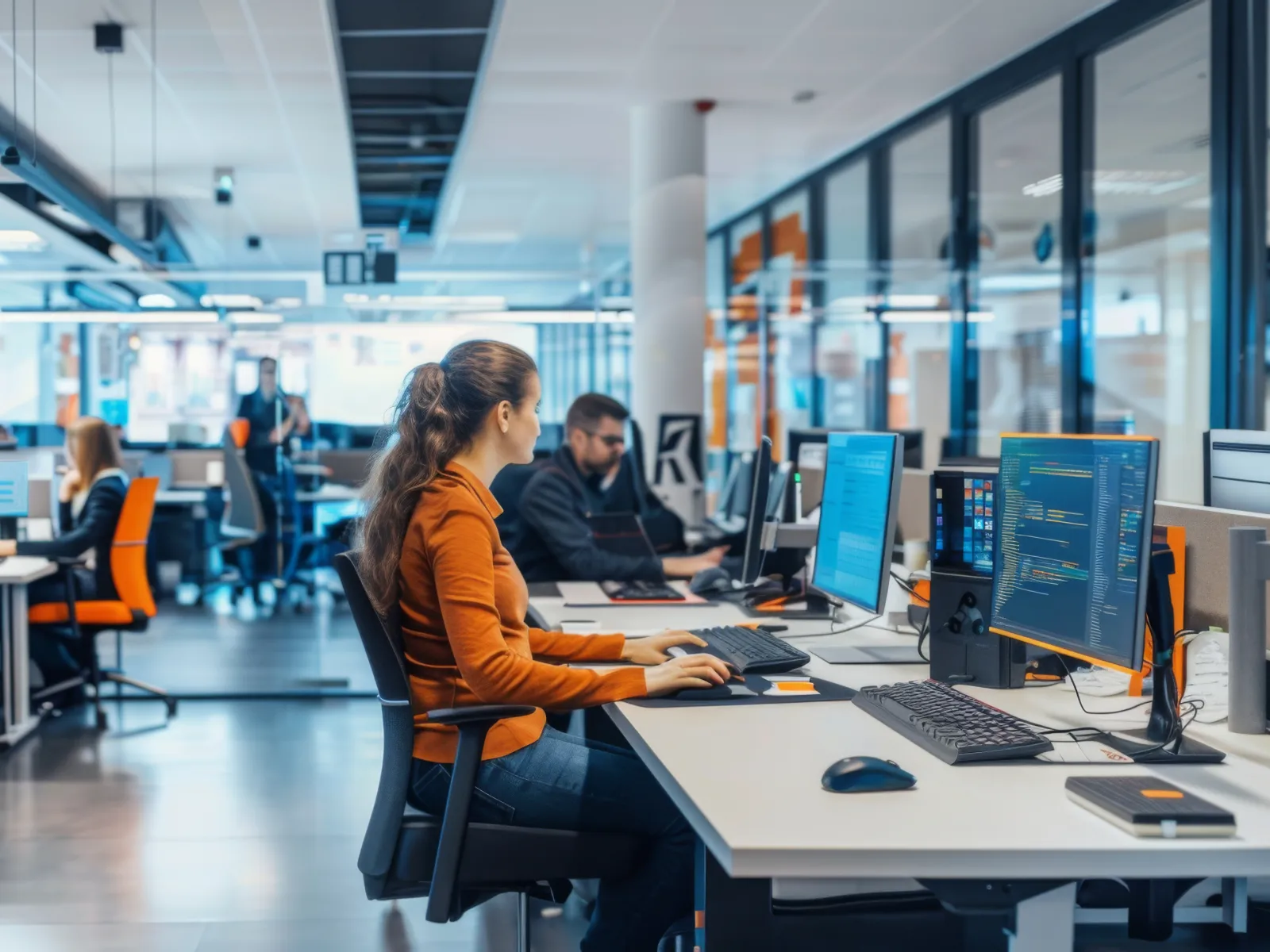 Woman working on desktop computer coding in a modern open office with colleagues in the background.