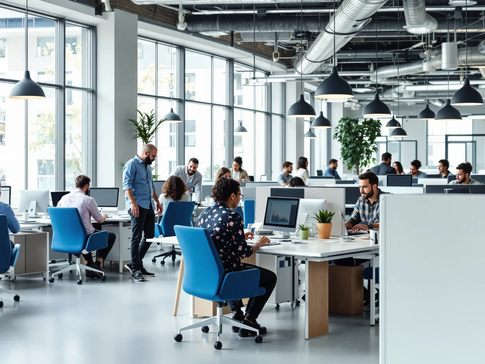 Modern open-plan office with employees working at desks, blue chairs, large windows, and hanging lights