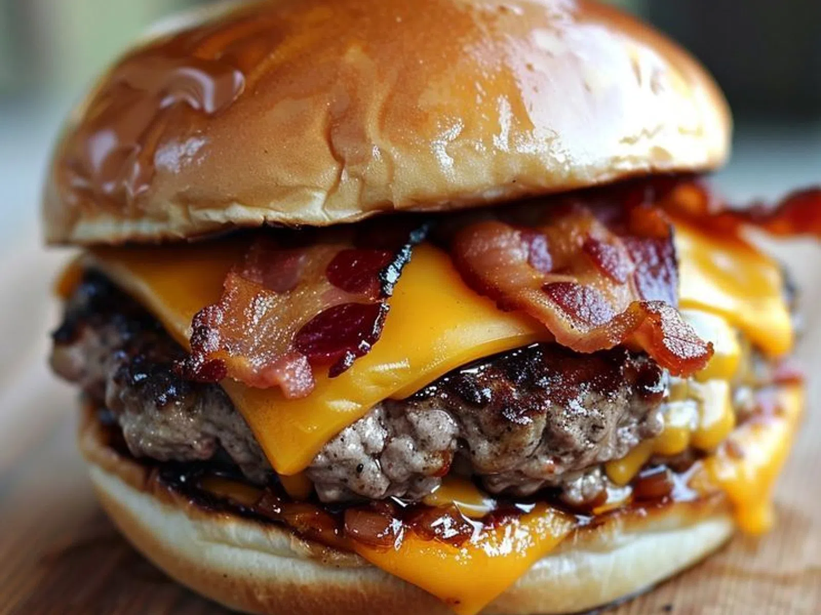 Close-up of bacon cheeseburger with melted cheddar, grilled beef patty, and toasted bun on wooden surface