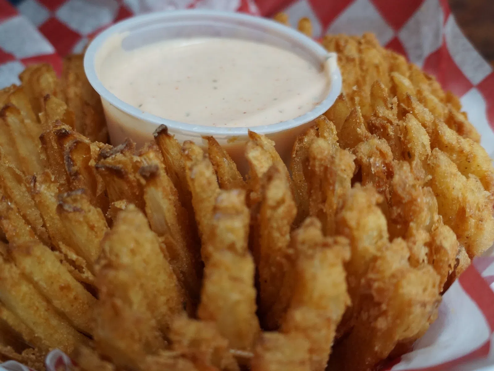 Close-up of a crispy blooming onion with a cup of creamy dipping sauce on red checkered paper.