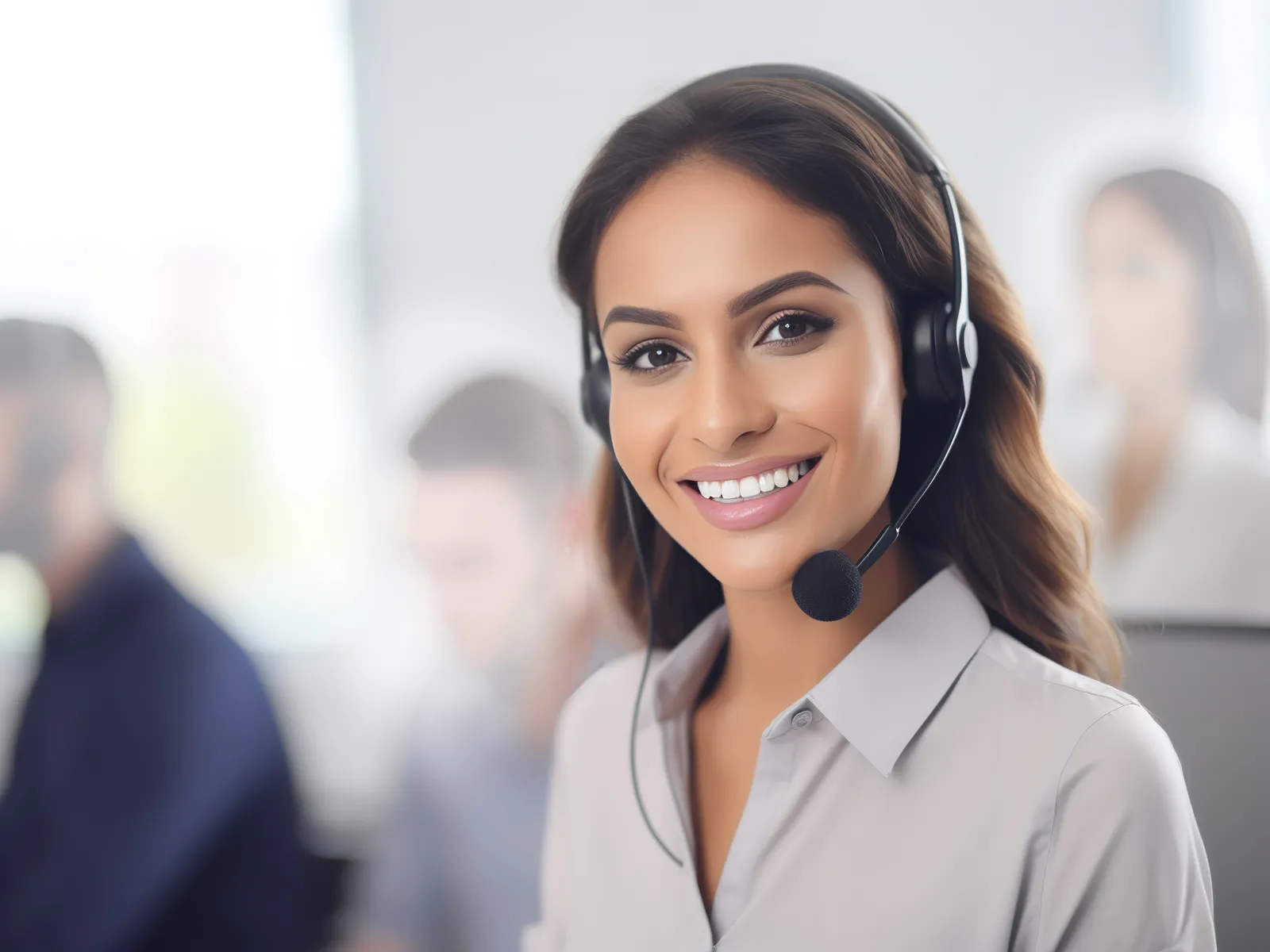 Smiling customer service representative wearing a headset in a busy office environment.