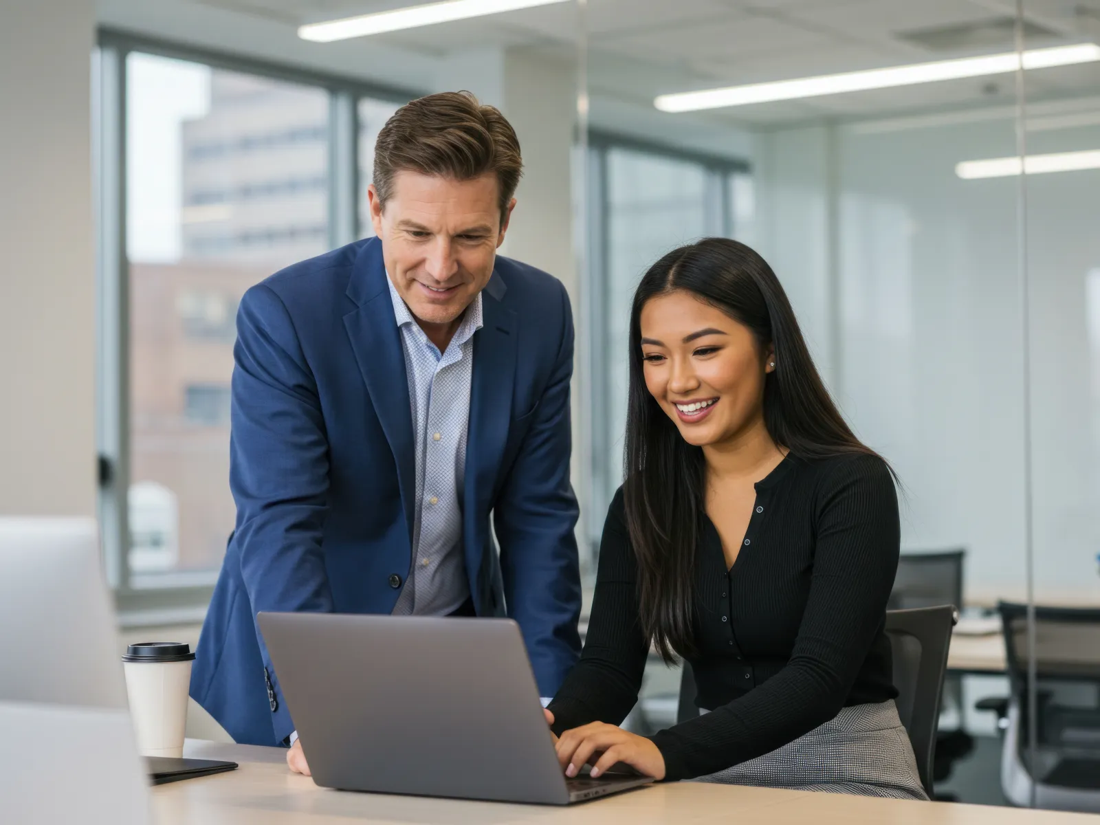 Businessman and businesswoman discussing work smiling while looking at laptop in modern office.