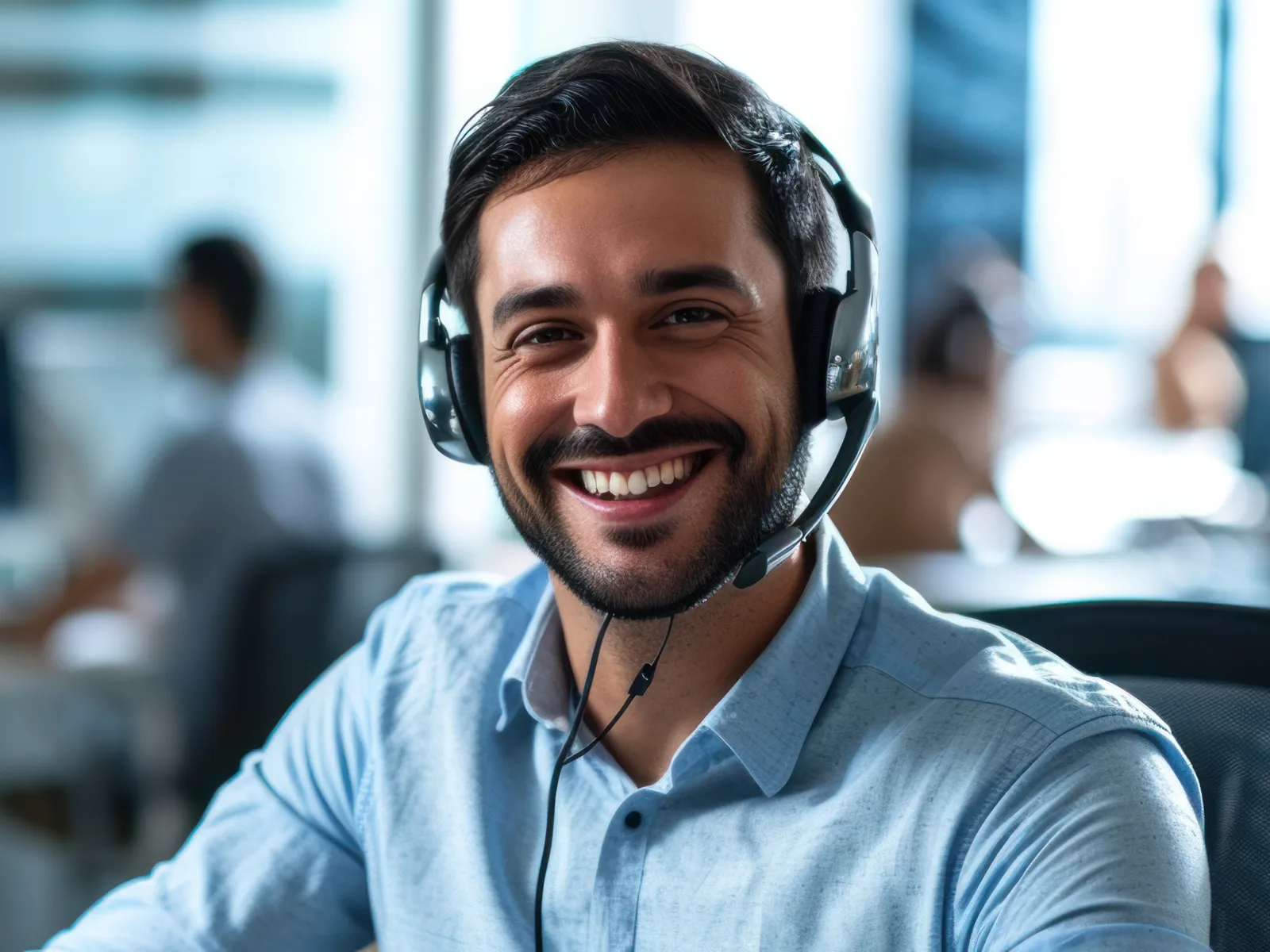 Smiling male customer service representative wearing headset at office desk with computer in modern workplace.