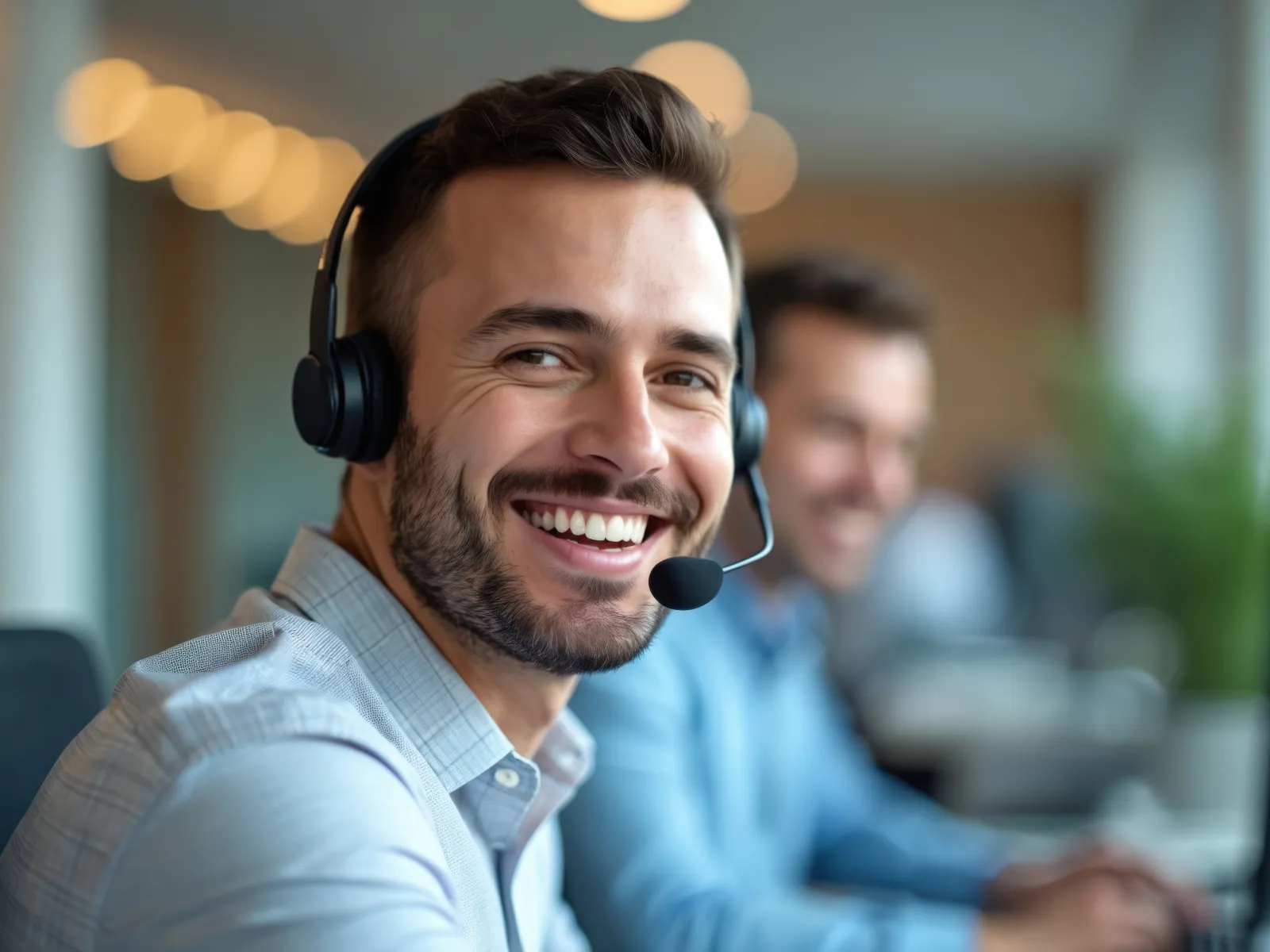 Smiling male customer service agent wearing headset at computer in bright office environment