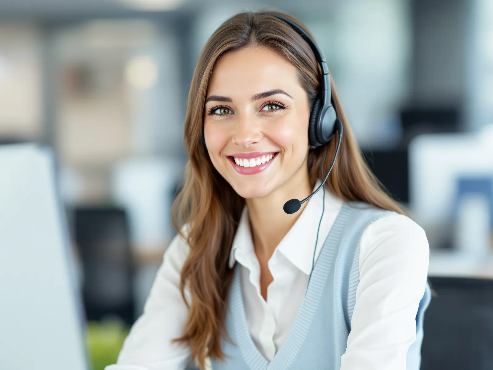 Smiling female customer service representative wearing headset in modern office environment