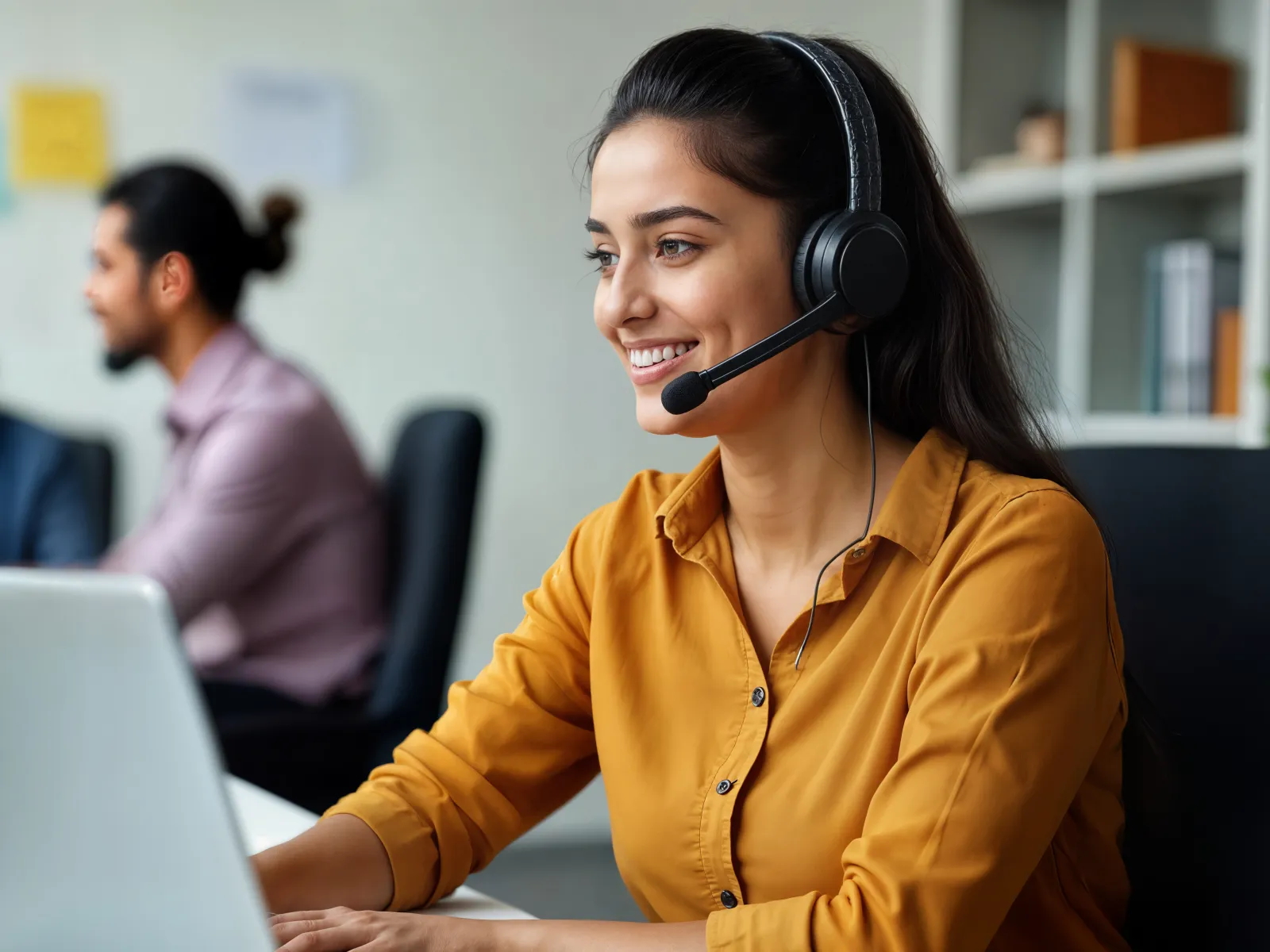 Smiling woman in mustard shirt wearing headset working on laptop in modern office with colleagues in background