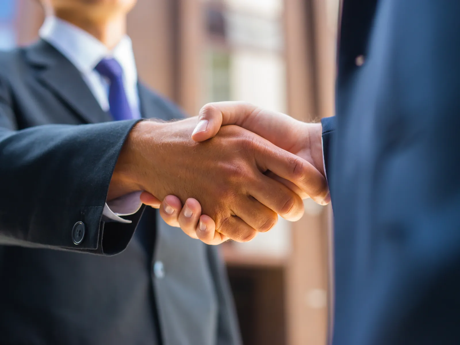 Two business professionals in suits shaking hands in a formal office setting sealing a deal or agreement