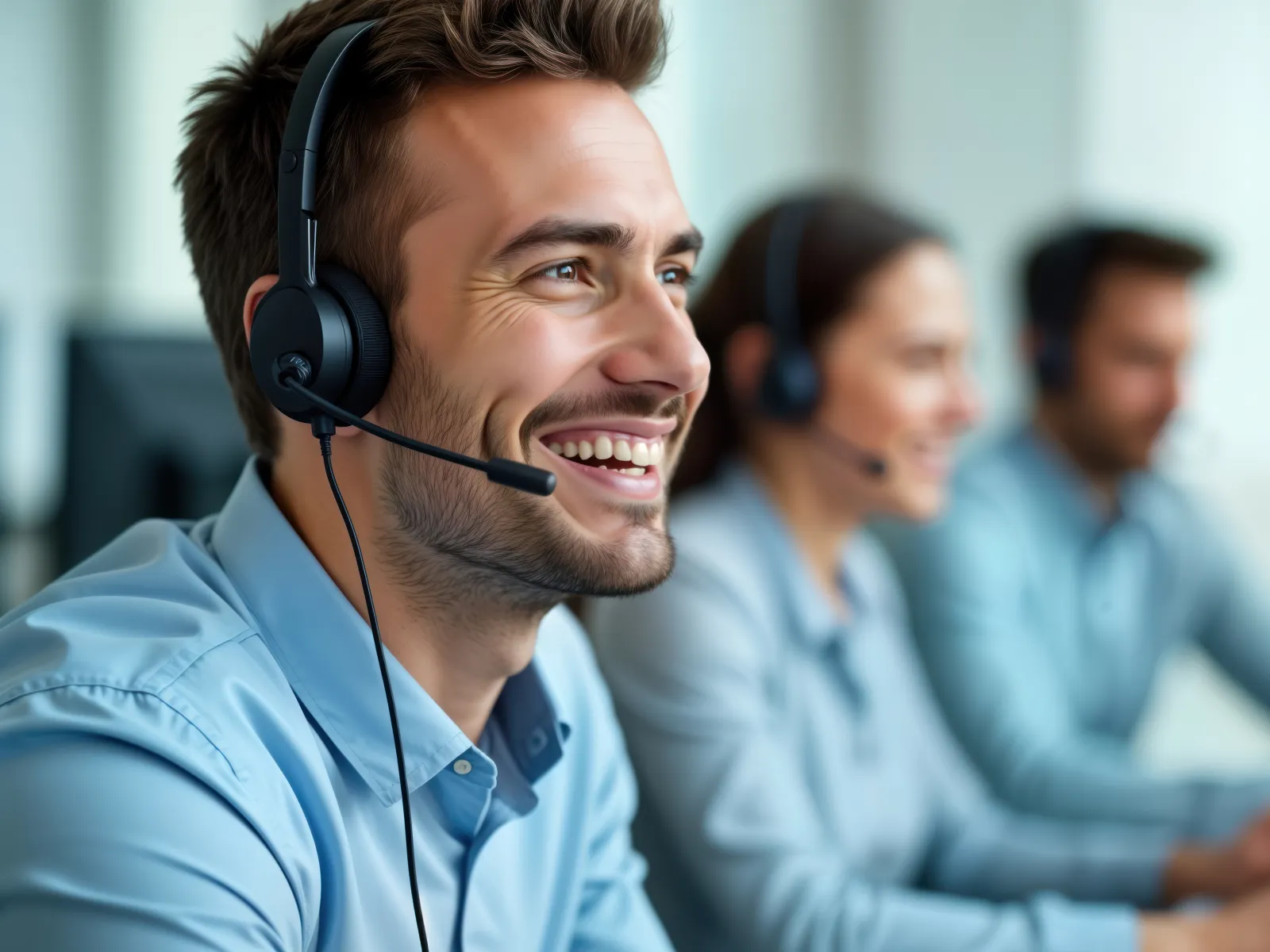 Smiling male customer service agent with headset working alongside colleagues in modern office environment
