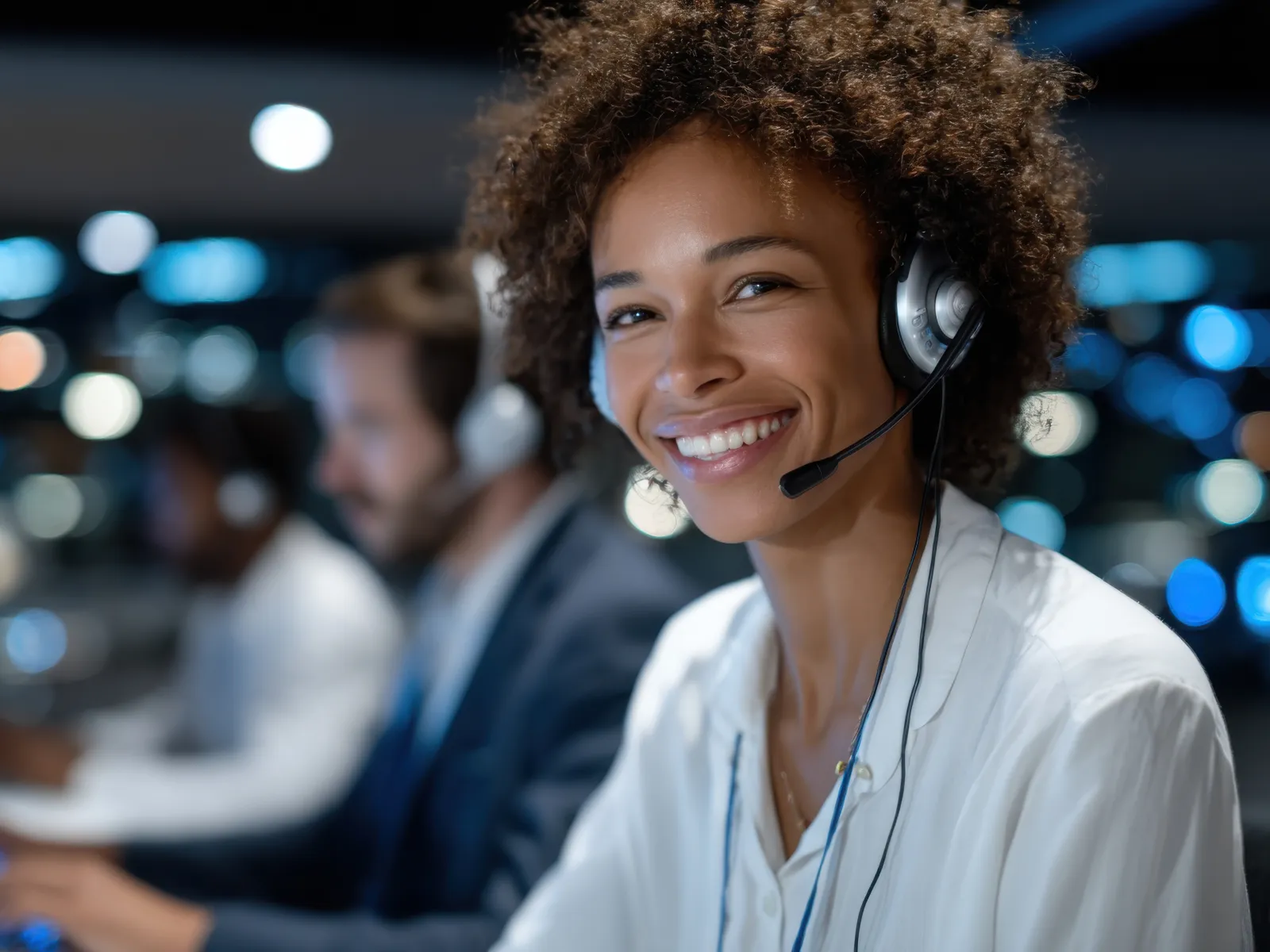 Smiling customer service representative wearing headset in a busy call center with colleagues working in background