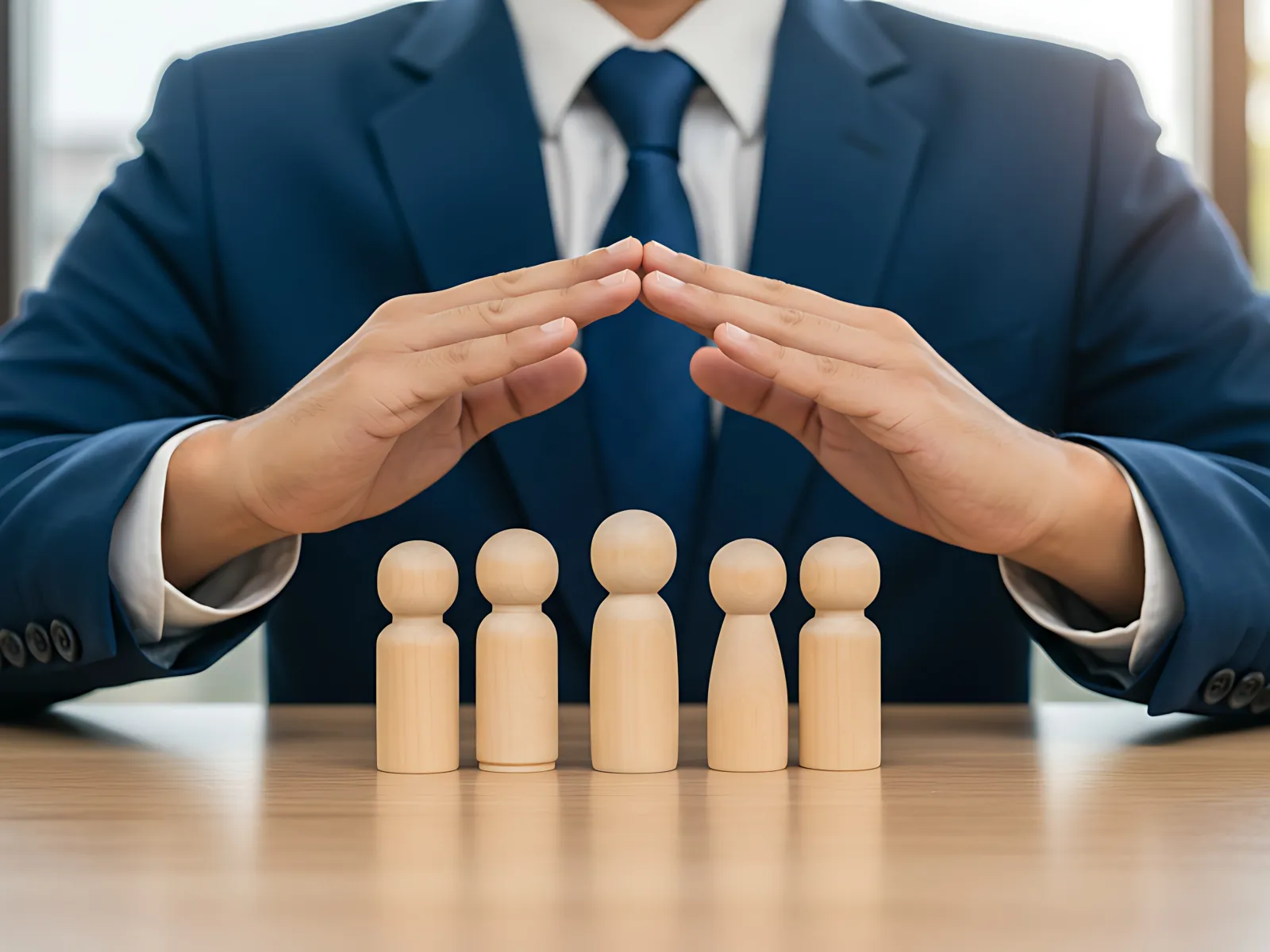 Businessman in suit protecting wooden human figures with hands symbolizing team safety and care
