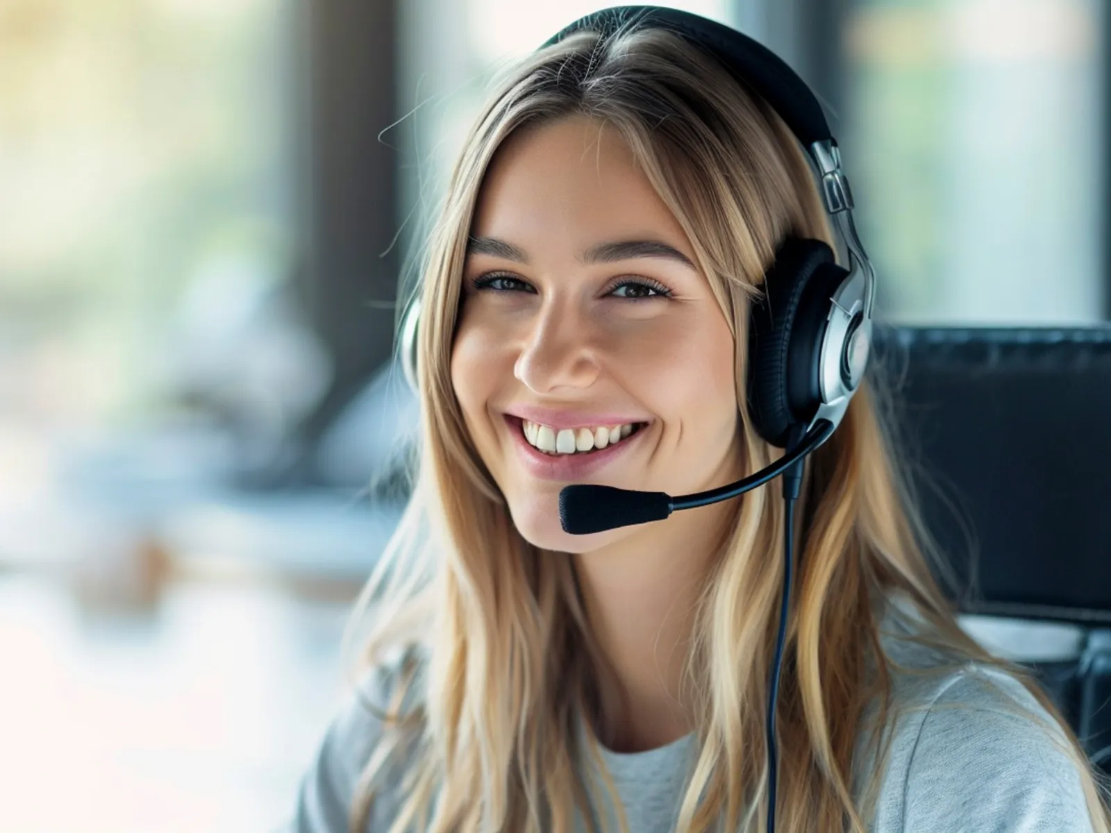 Smiling young woman with headset providing customer support in a bright modern office environment.