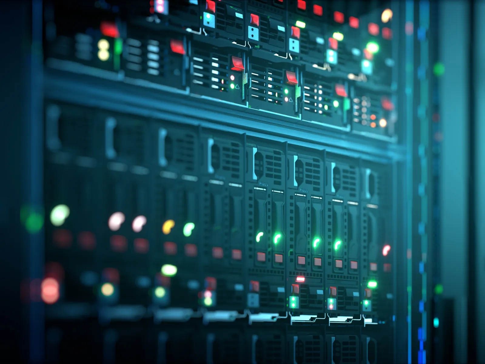 Close-up of illuminated server racks in a data center, showing blinking lights and network equipment.