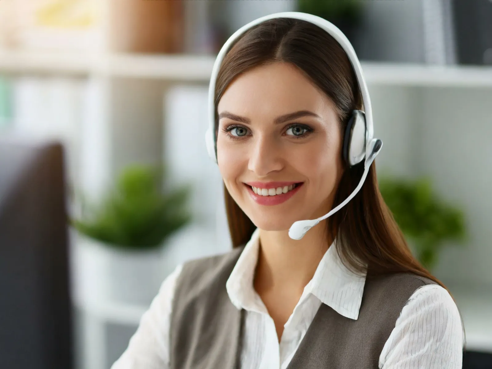 Smiling female customer support representative wearing headset in modern office environment