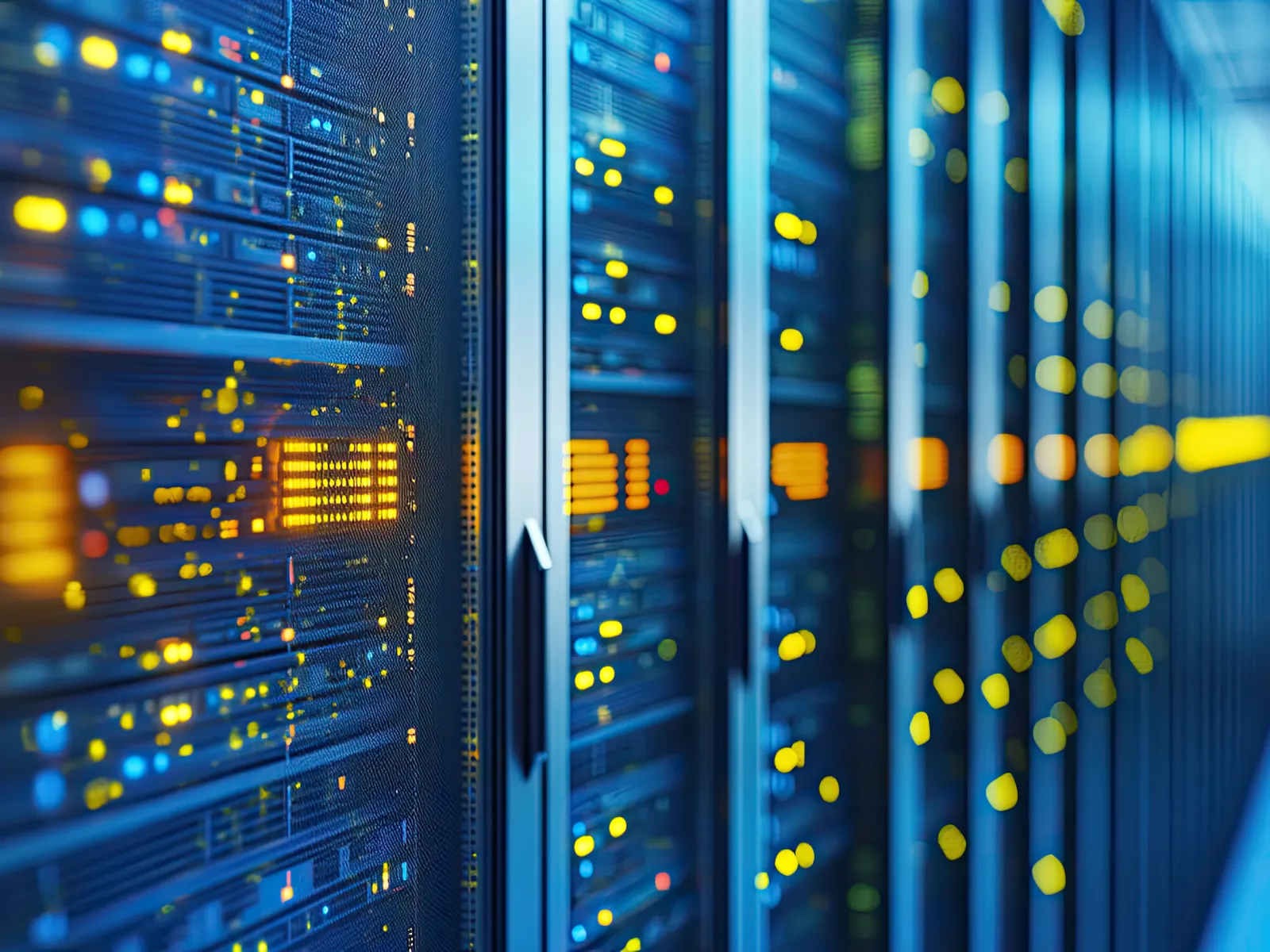 Rows of server racks with illuminated LED lights in a data center creating a high-tech atmosphere