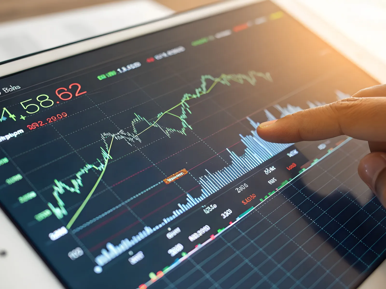Person analyzing stock market data and graphs on a tablet screen with a finger pointing at a bar chart.