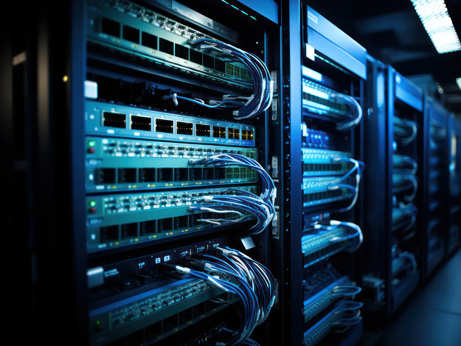 Rows of network switches with connected cables in a dimly lit data center server room environment