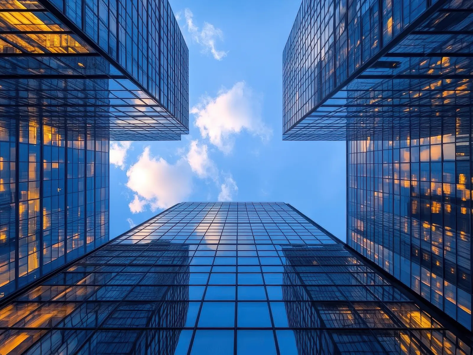 Looking up at modern glass skyscrapers reflecting clouds and golden light at sunset against a blue sky