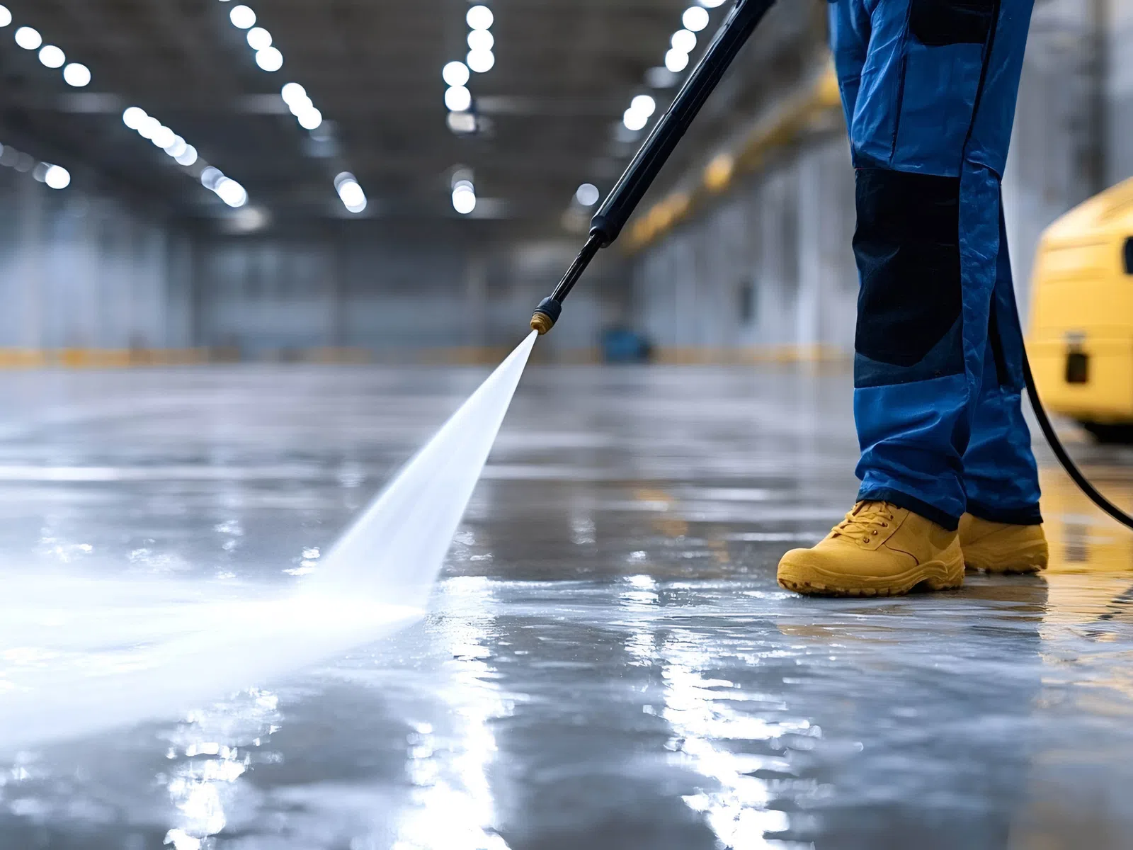 Worker pressure washing a large industrial warehouse floor with water from a high-pressure hose.