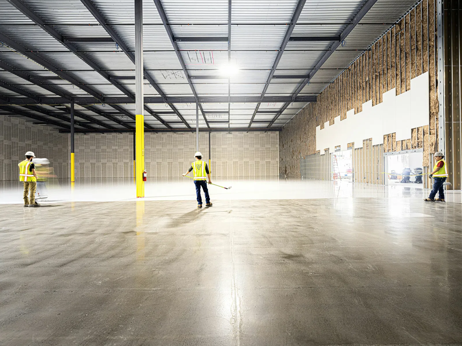 Three workers in safety vests and helmets spraying liquid on the polished floor of an empty, large industrial warehouse.